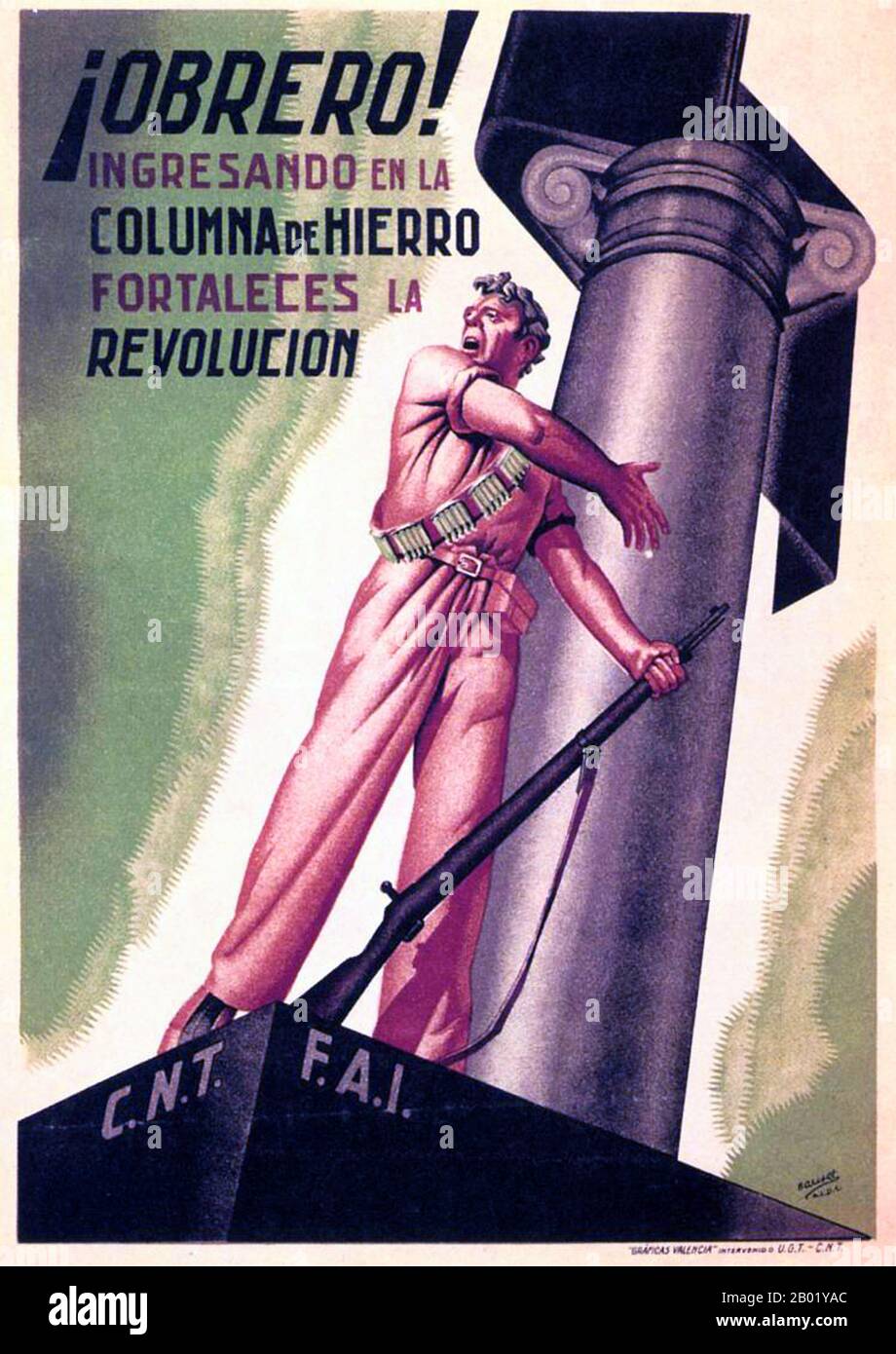Espagne : ouvrier! Enrôlez-vous dans la colonne de fer et renforcez la Révolution!. Affiche, 1936-1937. La Confederación Nacional del Trabajo (CNT ; Confédération nationale du travail) est une confédération espagnole de syndicats anarcho-syndicalistes affiliés à l'Association internationale des travailleurs (IWA ; en espagnol : ait - Asociación Internacional de los Trabajadores). Lorsque vous travaillez avec ce dernier groupe, il est également connu sous le nom de CNT-ait. Historiquement, la CNT a également été affiliée à la Federación Anarquista Ibérica (Fédération anarchiste ibérique - FAI). À ce titre, elle était appelée CNT-FAI. Banque D'Images