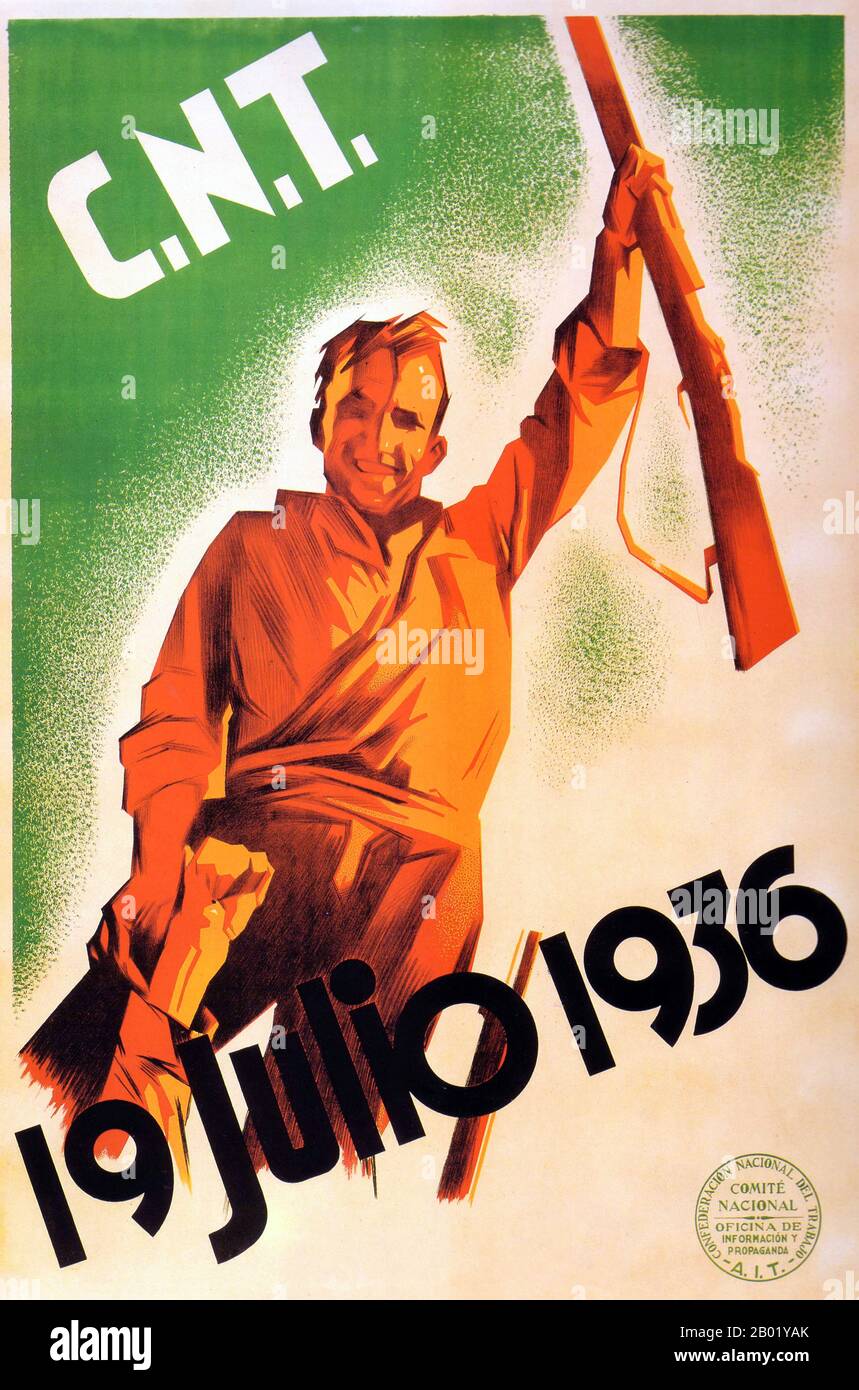 Espagne : affiche révolutionnaire de la Confédération nationale du travail, 1936. La Confederación Nacional del Trabajo (CNT ; Confédération nationale du travail) est une confédération espagnole de syndicats anarcho-syndicalistes affiliés à l'Association internationale des travailleurs (IWA ; en espagnol : ait - Asociación Internacional de los Trabajadores). Lorsque vous travaillez avec ce dernier groupe, il est également connu sous le nom de CNT-ait. Historiquement, la CNT a également été affiliée à la Federación Anarquista Ibérica (Fédération anarchiste ibérique - FAI). À ce titre, elle était appelée CNT-FAI. Banque D'Images