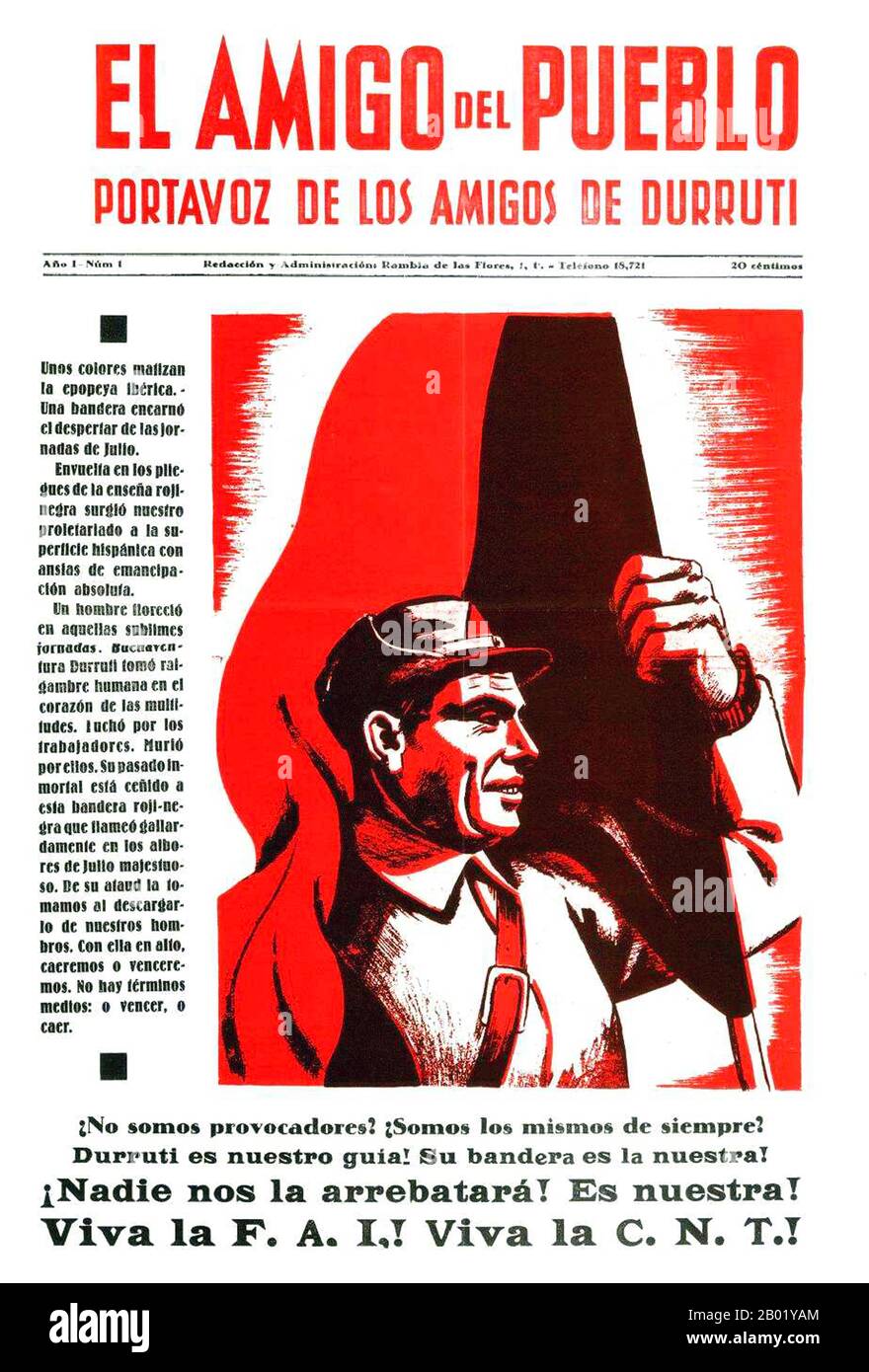 Espagne : le leader anarchiste Buenaventura Durruti (14 juillet 1896 - 20 novembre 1936), « ami du peuple », 1936. José Buenaventura Durruti Dumange était une figure centrale de l'anarchisme espagnol pendant la période précédant et incluant la guerre civile espagnole. L'anarchisme a historiquement gagné plus de soutien et d'influence en Espagne que partout ailleurs, surtout avant la victoire de Francisco Franco dans la guerre civile espagnole de 1936-1939. Banque D'Images