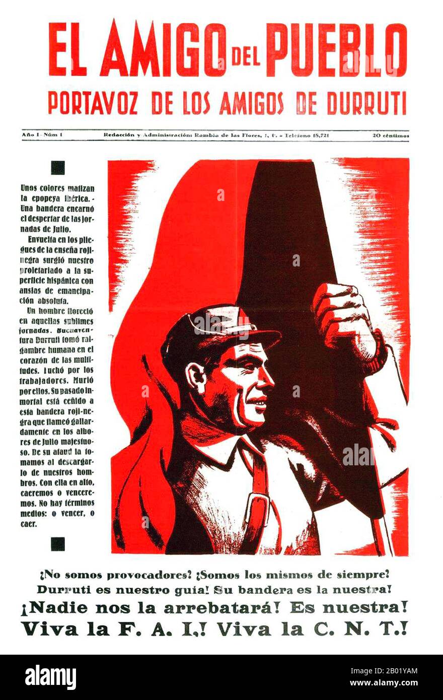 José Buenaventura Durruti Dumange (14 juillet 1896 – 20 novembre 1936) était une figure centrale de l'anarchisme espagnol durant la période qui a mené à la guerre civile espagnole et y compris. L'anarchisme a historiquement gagné plus de soutien et d'influence en Espagne que n'importe où ailleurs, surtout avant la victoire de Francisco Franco dans la guerre civile espagnole de 1936–1939. Il y avait plusieurs variantes de l'anarchisme en Espagne: L'anarchisme expropriant dans la période menant au conflit, l'anarchisme paysan dans la campagne de l'Andalousie; l'anarcho-syndicalisme urbain en Catalogne, en particulier sa capitale Barcelon Banque D'Images
