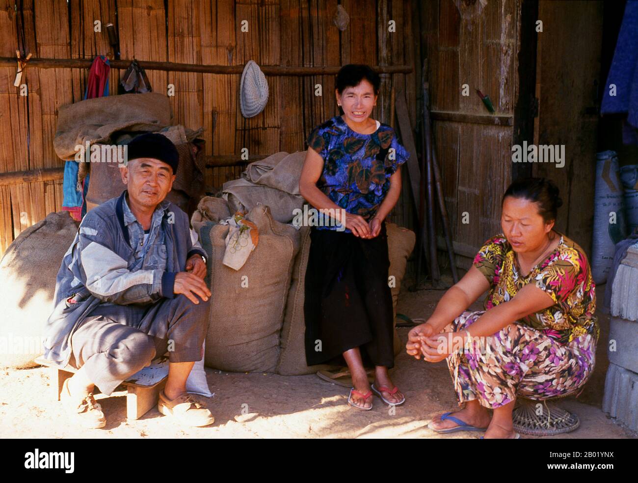 Thaïlande : muleteer yunnanais et sa famille, Doi Mae Salong, province de Chiang Rai. Les muletiers chinois rudes et indomptables connus des Birmans sous le nom de Panthay, et des Thaï et des Lao sous le nom de Haw ou Chin Haw, étaient - et sont généralement encore - les maîtres du Triangle d'Or. Certes, ils étaient d'excellents commerçants, pénétrant dans les confins des territoires interdits tels que les États de Wa, tandis que dans le même temps leurs caravanes mules, chargées de tout, des pierres précieuses et du jade aux poêles d'opium et de cuivre, marchaient jusqu'à Luang Prabang au Laos et Moulmein au Myanmar. Banque D'Images