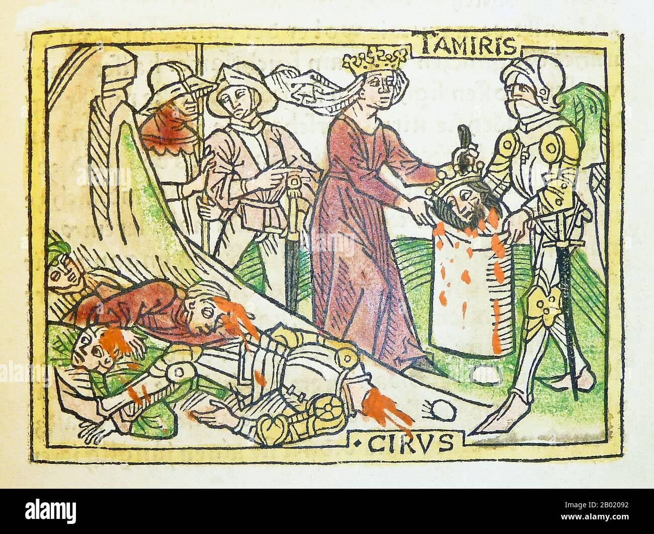 Iran/Perse/Allemagne : illustration médiévale gravée sur bois montrant la reine Tomyris (c. 530 av. J.-C.) des Massagètes recevant la tête coupée du roi Cyrus le Grand, c. 1541. Tomyris, également appelé Thomyris, Tomris ou Tomiride, était une reine des Massagetae, un ancien peuple persan oriental vivant sur les steppes d'Asie centrale qui faisait partie des cultures scythes plus larges. L'historien grec Hérodote rapporte que la reine Tomyris des Massagètes a vaincu Cyrus le Grand au combat et a ordonné que son cadavre soit décapité et placé dans un sac rempli de sang reproduisant du vin, vengeance de la mort de son fils. Banque D'Images