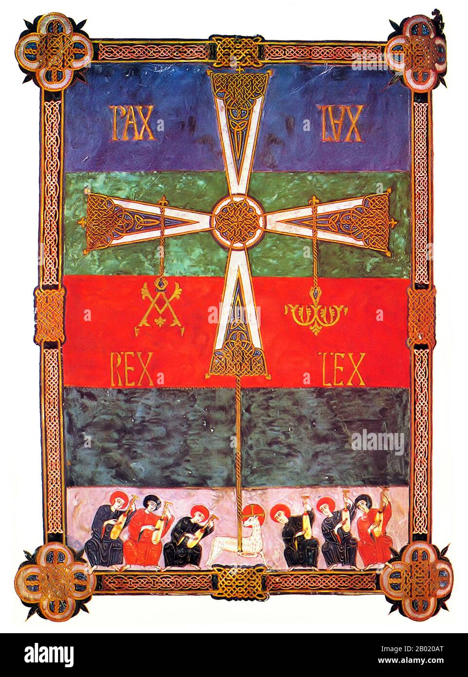 Espagne : la Croix d'Oviedo et les sages devant l'Agneau. Illumination de la version Beatus de León de l'Apocalypse de Facundus, 1047 EC. Le Beatus de León est un manuscrit enluminé du XIe siècle du commentaire de l'Apocalypse par Beatus de Liébana (VIIIe siècle). Le manuscrit a été fait pour le roi Ferdinand 1 (c. 1015-1065) et la reine Sancha de León. Il contient 98 miniatures peintes par Facundus. L'Apocalypse de Jean est le Livre de l'Apocalypse, le dernier livre du Nouveau Testament. Banque D'Images