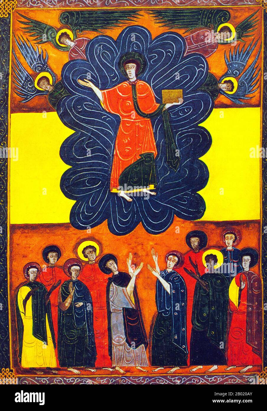 Espagne : vision préliminaire. Christ portant le Livre de vie. Illumination de la version Beatus de León de l'Apocalypse de Facundus, 1047 EC. Le Beatus de León est un manuscrit enluminé du XIe siècle du commentaire de l'Apocalypse par Beatus de Liébana (VIIIe siècle). Le manuscrit a été fait pour le roi Ferdinand 1 (c. 1015-1065) et la reine Sancha de León. Il contient 98 miniatures peintes par Facundus. L'Apocalypse de Jean est le Livre de l'Apocalypse, le dernier livre du Nouveau Testament. Banque D'Images