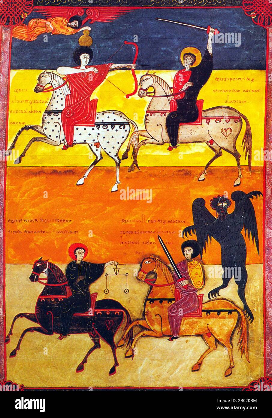 Espagne : les quatre cavaliers, Apocalypse VI illumination du Beatus de León version de l'Apocalypse de Facundus, 1047 EC. Le Beatus de León est un manuscrit enluminé du XIe siècle du commentaire de l'Apocalypse par Beatus de Liébana (VIIIe siècle). Le manuscrit a été fait pour le roi Ferdinand 1 (c. 1015-1065) et la reine Sancha de León. Il contient 98 miniatures peintes par Facundus. L'Apocalypse de Jean est le Livre de l'Apocalypse, le dernier livre du Nouveau Testament. Banque D'Images