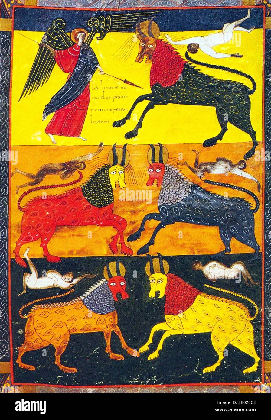 Espagne : la Croix d'Oviedo et les sages devant l'Agneau. Illumination de la version Beatus de León de l'Apocalypse de Facundus, 1047 EC. Le Beatus de León est un manuscrit enluminé du XIe siècle du commentaire de l'Apocalypse par Beatus de Liébana (VIIIe siècle). Le manuscrit a été fait pour le roi Ferdinand 1 (c. 1015-1065) et la reine Sancha de León. Il contient 98 miniatures peintes par Facundus. L'Apocalypse de Jean est le Livre de l'Apocalypse, le dernier livre du Nouveau Testament. Banque D'Images