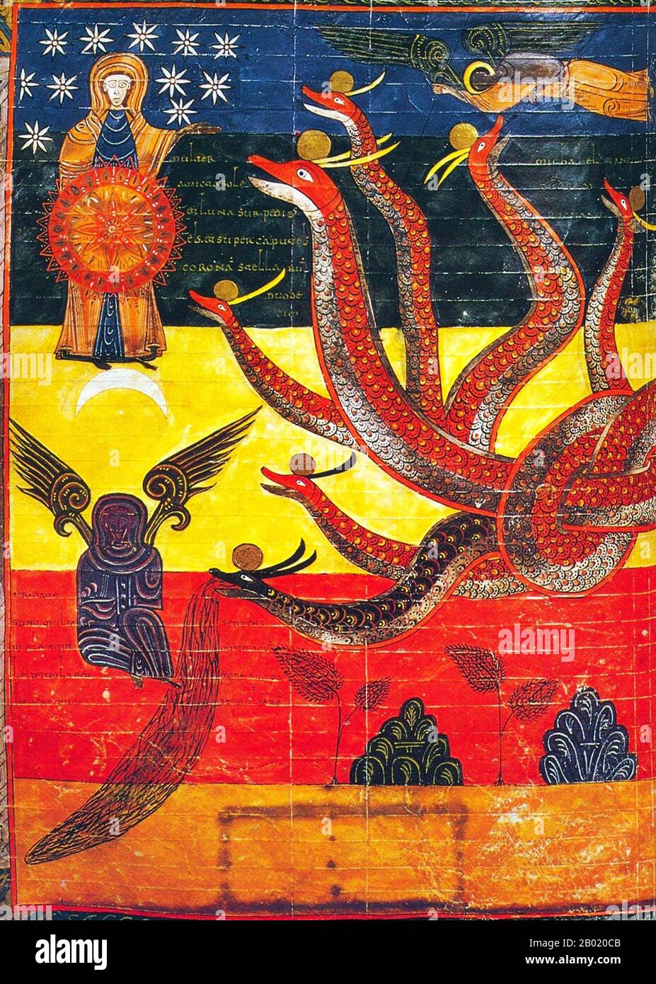 Espagne : la femme et le Dragon (verso). Illumination de la version Beatus de León de l'Apocalypse de Facundus, 1047 EC. Le Beatus de León est un manuscrit enluminé du XIe siècle du commentaire de l'Apocalypse par Beatus de Liébana (VIIIe siècle). Le manuscrit a été fait pour le roi Ferdinand 1 (c. 1015-1065) et la reine Sancha de León. Il contient 98 miniatures peintes par Facundus. L'Apocalypse de Jean est le Livre de l'Apocalypse, le dernier livre du Nouveau Testament. Banque D'Images