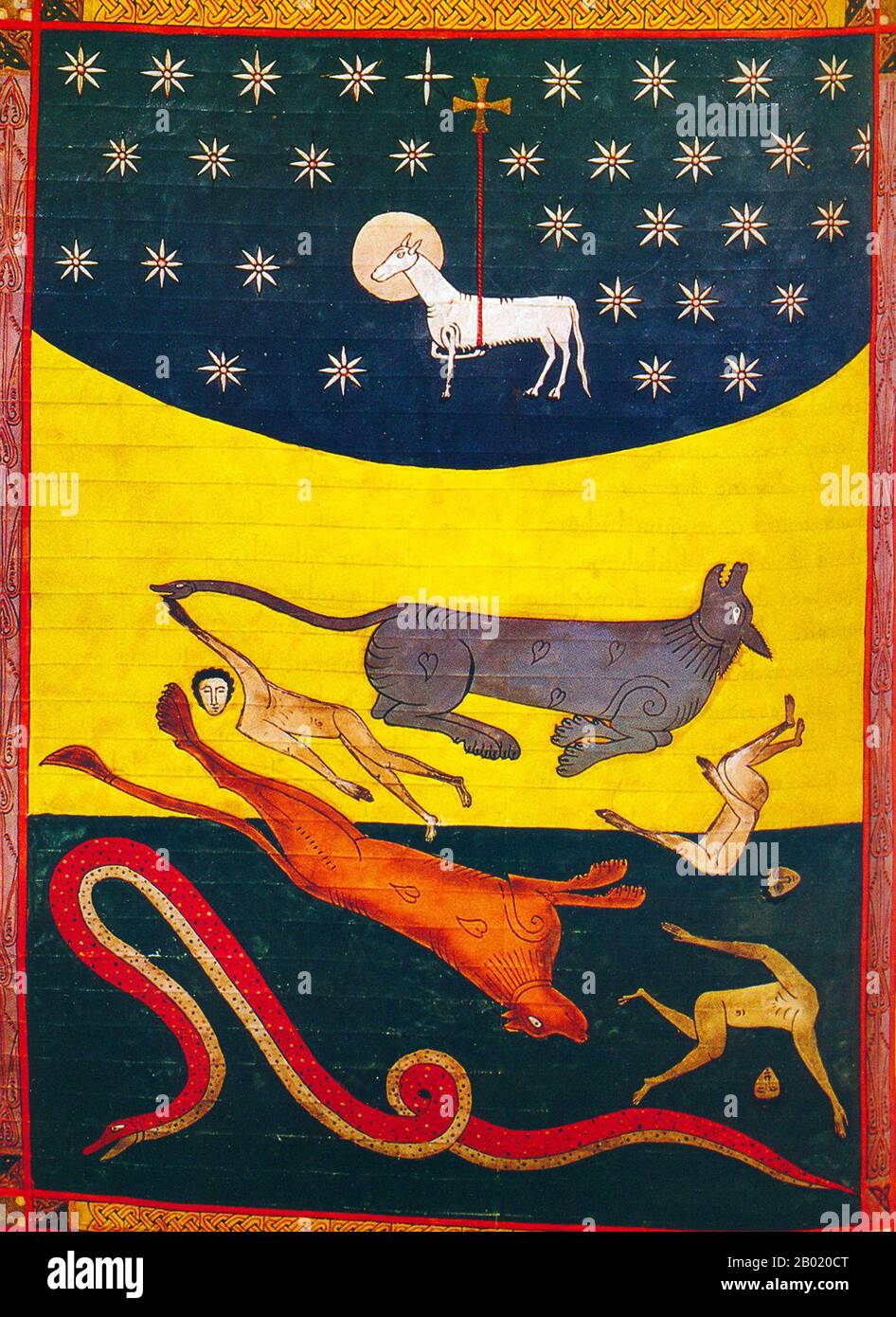 Espagne : victoire de l'Agneau sur la Bête. L'image de la Bête, du Dragon et des Rois de la Terre. Illumination de la version Beatus de León de l'Apocalypse de Facundus, 1047 EC. Le Beatus de León est un manuscrit enluminé du XIe siècle du commentaire de l'Apocalypse par Beatus de Liébana (VIIIe siècle). Le manuscrit a été fait pour le roi Ferdinand 1 (c. 1015-1065) et la reine Sancha de León. Il contient 98 miniatures peintes par Facundus. L'Apocalypse de Jean est le Livre de l'Apocalypse, le dernier livre du Nouveau Testament. Banque D'Images