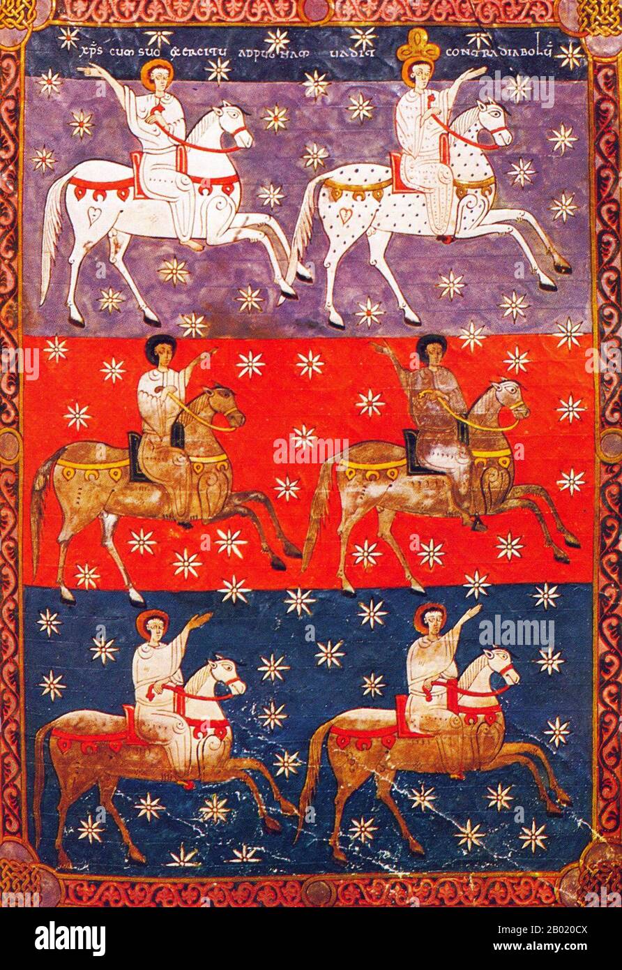 Espagne : les vrais et fidèles cavaliers. Illumination de la version Beatus de León de l'Apocalypse de Facundus, 1047 EC. Le Beatus de León est un manuscrit enluminé du XIe siècle du commentaire de l'Apocalypse par Beatus de Liébana (VIIIe siècle). Le manuscrit a été fait pour le roi Ferdinand 1 (c. 1015-1065) et la reine Sancha de León. Il contient 98 miniatures peintes par Facundus. L'Apocalypse de Jean est le Livre de l'Apocalypse, le dernier livre du Nouveau Testament. Banque D'Images