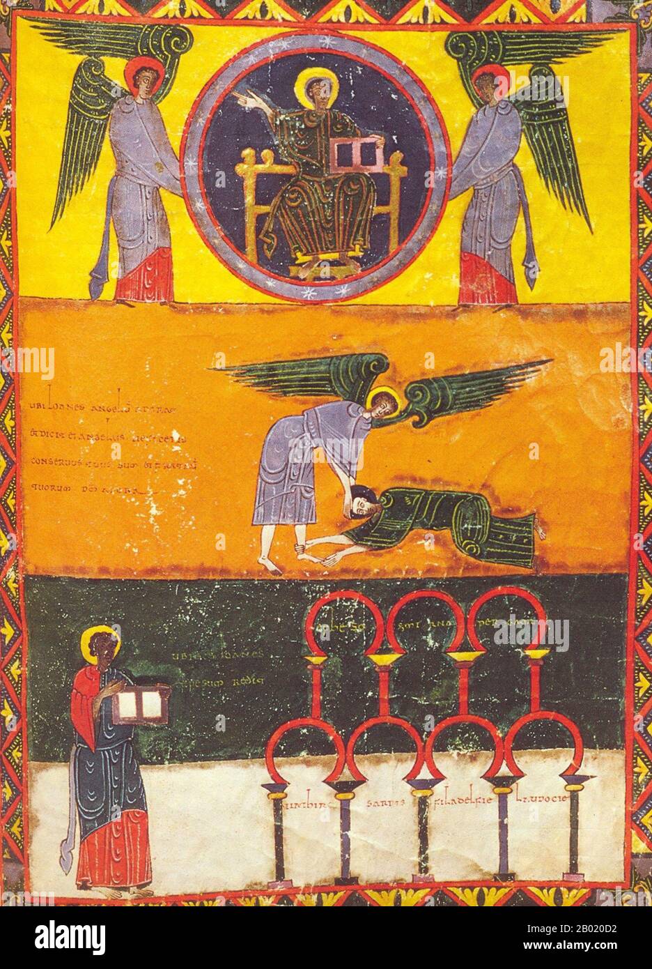 Espagne : la Croix d'Oviedo et les sages devant l'Agneau. Illumination de la version Beatus de León de l'Apocalypse de Facundus, 1047 EC. Le Beatus de León est un manuscrit enluminé du XIe siècle du commentaire de l'Apocalypse par Beatus de Liébana (VIIIe siècle). Le manuscrit a été fait pour le roi Ferdinand 1 (c. 1015-1065) et la reine Sancha de León. Il contient 98 miniatures peintes par Facundus. L'Apocalypse de Jean est le Livre de l'Apocalypse, le dernier livre du Nouveau Testament. Banque D'Images