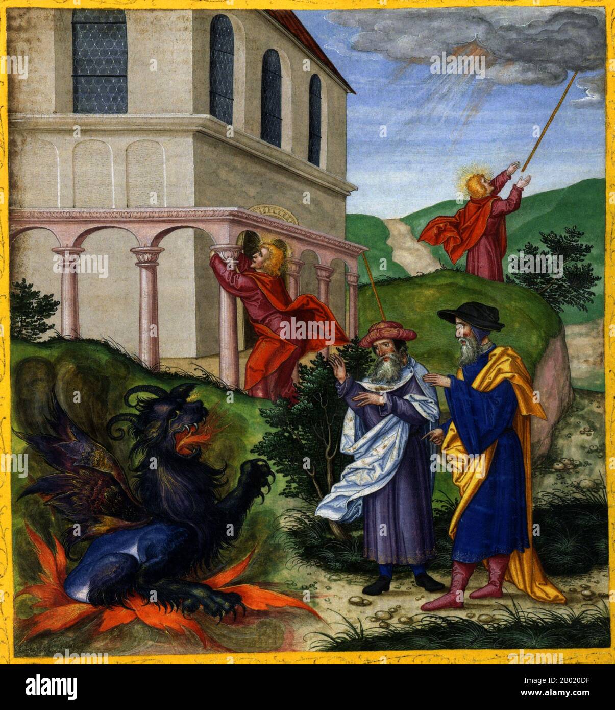 Allemagne : L'étude du temple et le témoignage de deux prophètes, Apocalypse 11:1-14. Miniature illuminée de la Bible ottheinrich par Matthias Gerung (1500-1570), v. 1530-1532. La Bible Ottheinrich a été commandée en 1425 par la Cour royale de Bavière. Le manuscrit exceptionnellement volumineux n'a été achevé qu'au siècle suivant, lorsque le peintre et graveur allemand Matthias Gerung s'est vu offrir 60 florins rhénans et des vêtements d'hiver pour illustrer le texte. La Bible porte le nom du bienfaiteur qui a soutenu son achèvement. Ottheinrich (1502-1559) était le prince de Neubourg. Banque D'Images