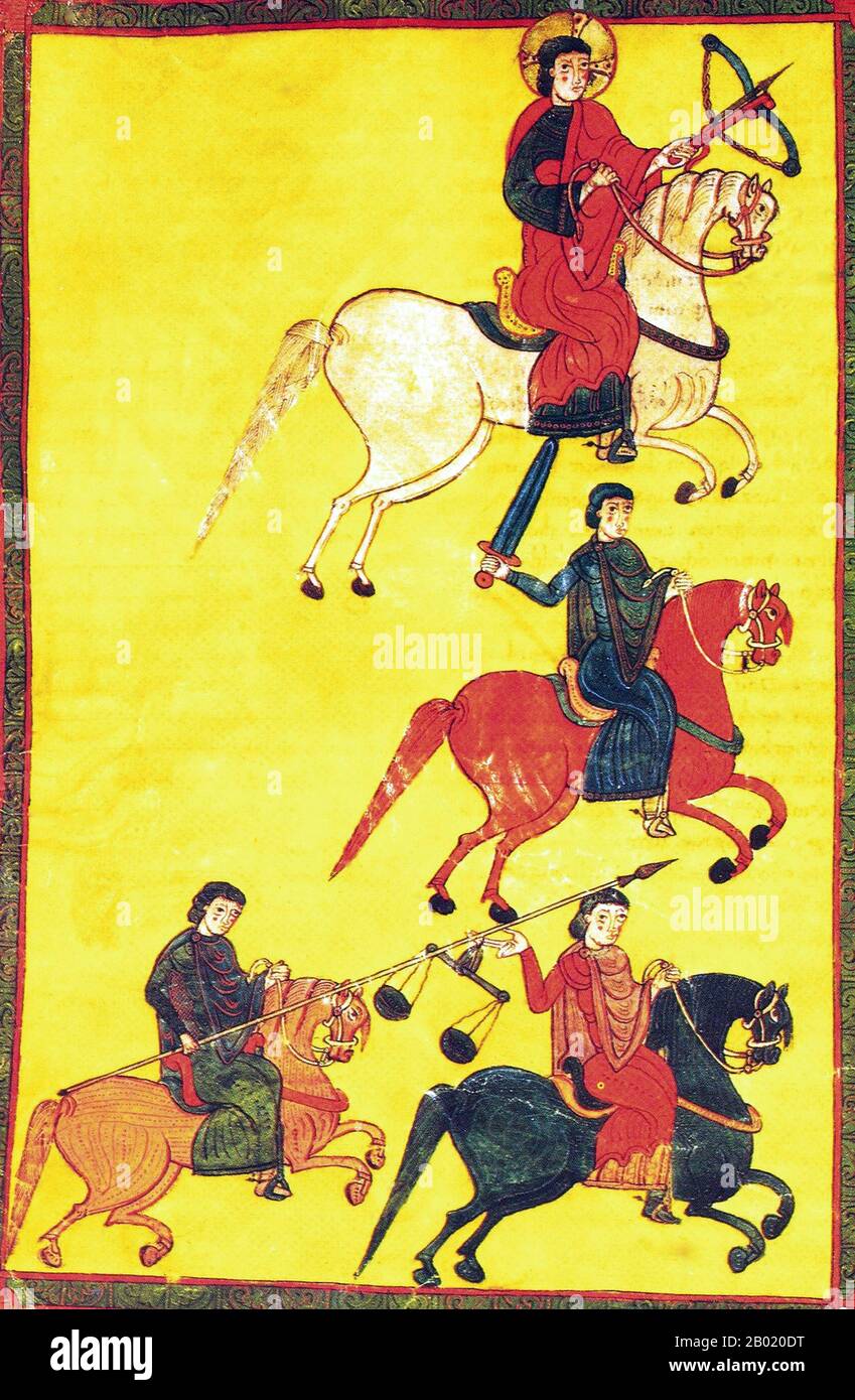 Espagne : les quatre cavaliers. Illumination du Beatus d'El Burgo de Osma par Martinus, 1086 EC. Le Beatus de la cathédrale El Burgo de Osma a été produit en 1086 et contient 71 miniatures du peintre Martinus. L'Apocalypse de Jean est le Livre de l'Apocalypse, le dernier livre du Nouveau Testament. Banque D'Images