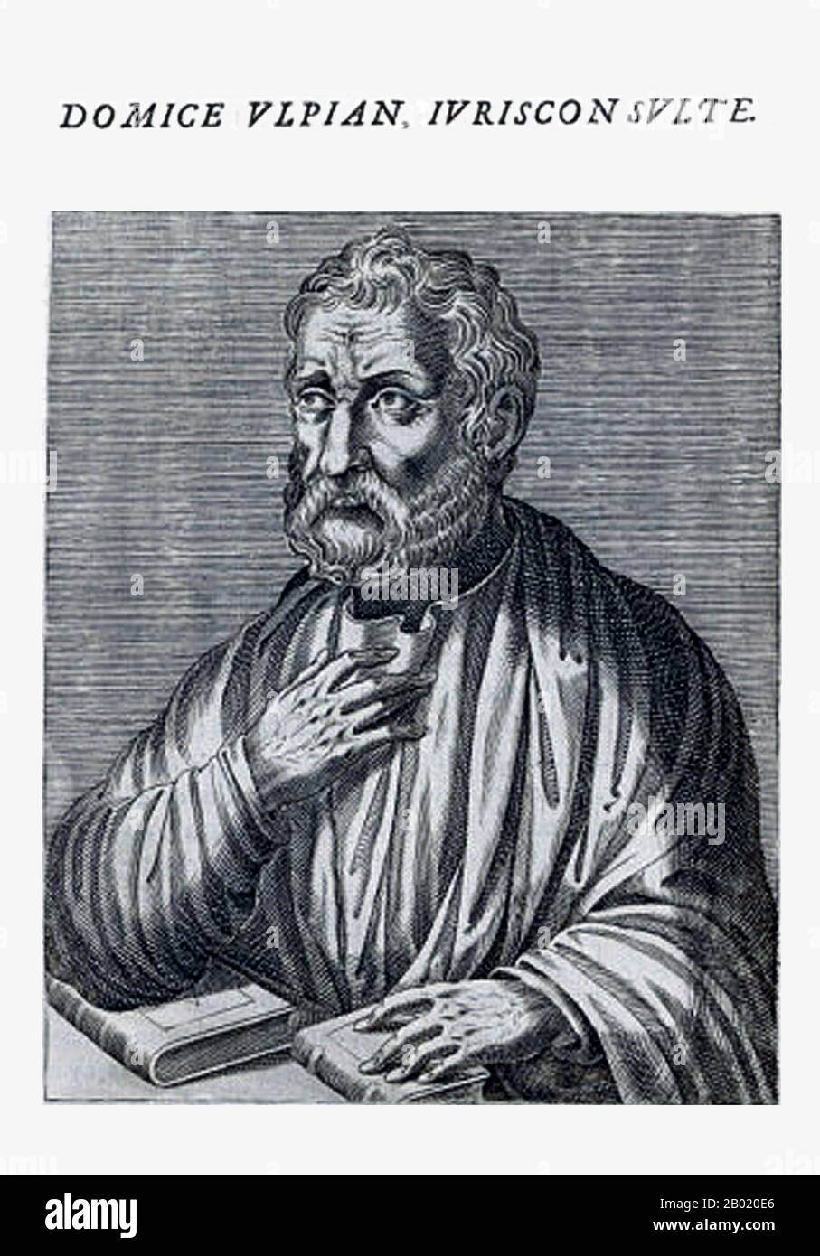 'Ulpian', nom latin Gnaeus Domitius Annius Ulpianus, était un juriste romain de Tyrian (Tyre, arabe: صور, Ṣūr) ascendance libanaise. Il a fait sa première apparition dans la vie publique en tant qu'évaluateur dans l'auditorium de Papinian et membre du conseil de Sptimius Severus; sous Caracalla il était maître des demandes (magister libellorum). Elagabalus (également connu sous le nom d'Heliogabalus) l'a bannie de Rome, mais à l'accession d'Alexandre (222) il a été rétabli, et est finalement devenu le conseiller en chef de l'empereur et praefectus praetorio. Sa réduction des privilèges accordés à la Garde prétorienne par Ela Banque D'Images