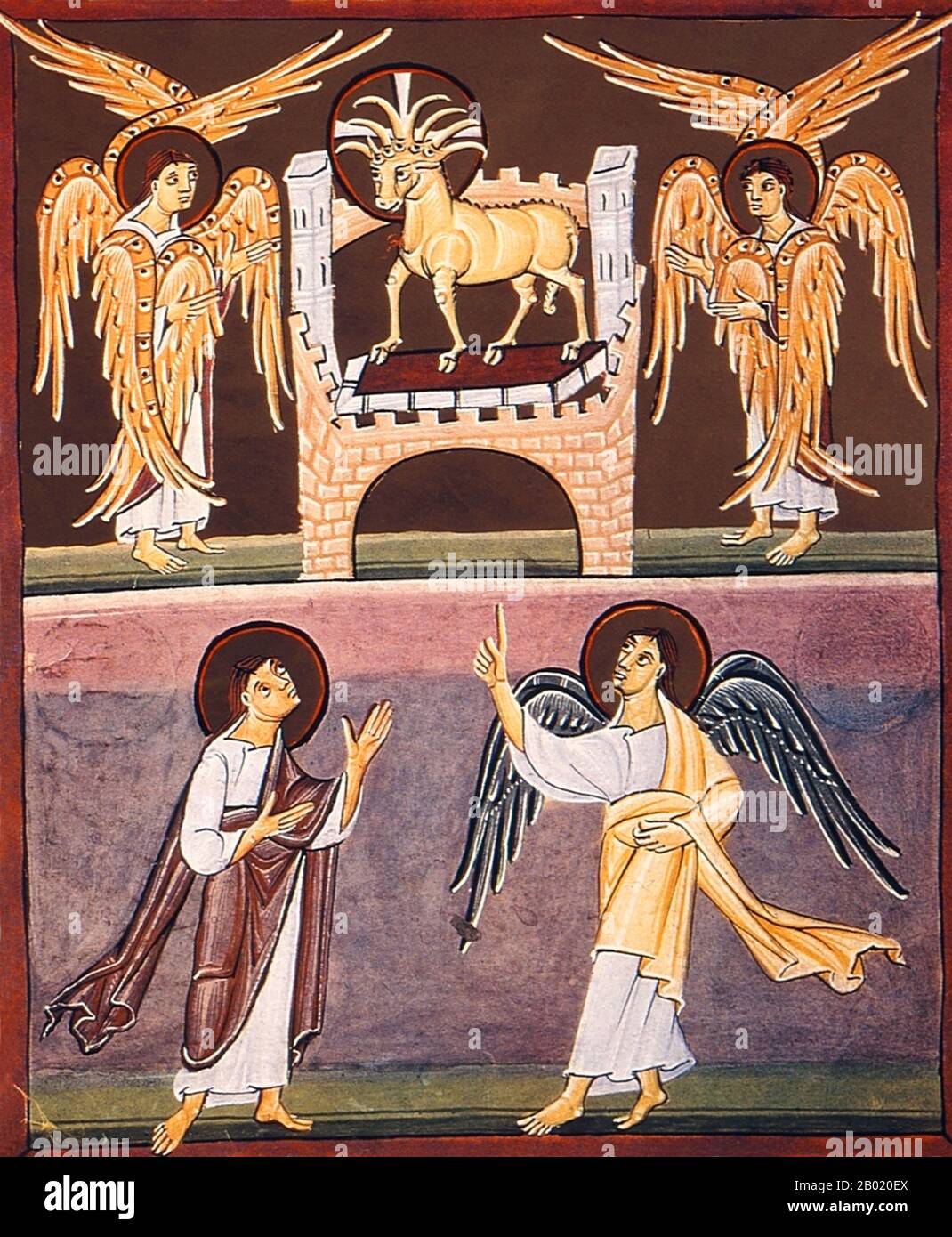Allemagne : L'Agneau de Dieu et le Livre aux sept sceaux. Illumination de l'Apocalypse de Bamberg, 1000-1020. L'Apocalypse de Bamberg est un manuscrit enluminé sur le thème du Livre de l'Apocalypse de Saint Jean et de l'Apocalypse, ainsi que des commentaires sur l'Apocalypse de Beatus de Liébana. Il est conservé à la Bibliothèque d'État de Bamberg, en Allemagne. Il a été commandé par Otton III (empereur du Saint-Empire romain germanique, R. 980-1002) et contient 57 miniatures dorées produites dans le scriptorium de Reichenau. Banque D'Images