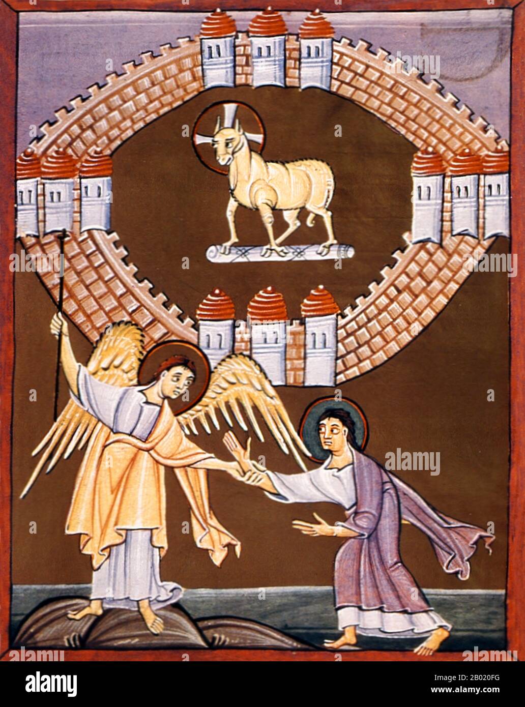 Allemagne : Nouvelle Jérusalem. Illumination de l'Apocalypse de Bamberg, 1000-1020. L'Apocalypse de Bamberg est un manuscrit enluminé sur le thème du Livre de l'Apocalypse de Saint Jean et de l'Apocalypse, ainsi que des commentaires sur l'Apocalypse de Beatus de Liébana. Il est conservé à la Bibliothèque d'État de Bamberg, en Allemagne. Il a été commandé par Otton III (empereur du Saint-Empire romain germanique, R. 980-1002) et contient 57 miniatures dorées produites dans le scriptorium de Reichenau. Banque D'Images