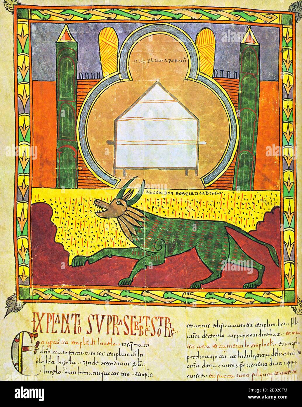 Espagne : la Bête émerge des Abysses. Du Beatus de la Rioja ou Urgell Beatus, v. 975. L'Escorial Beatus est un manuscrit enluminé du Xe siècle du commentaire de l'Apocalypse par Beatus de Liébana. Le manuscrit a probablement été créé au monastère de San Millán de la Cogolla. Il y a 151 folios existants ; le manuscrit est illustré avec 52 miniatures survivantes. L'Apocalypse de Jean est le Livre de l'Apocalypse, le dernier livre du Nouveau Testament. Banque D'Images