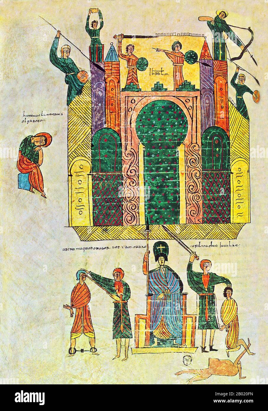 Espagne : Siège et prise de Jérusalem par Nebucadnetsar. Du Beatus de la Rioja ou Urgell Beatus, v. 975. L'Escorial Beatus est un manuscrit enluminé du Xe siècle du commentaire de l'Apocalypse par Beatus de Liébana. Le manuscrit a probablement été créé au monastère de San Millán de la Cogolla. Il y a 151 folios existants ; le manuscrit est illustré avec 52 miniatures survivantes. L'Apocalypse de Jean est le Livre de l'Apocalypse, le dernier livre du Nouveau Testament. Banque D'Images