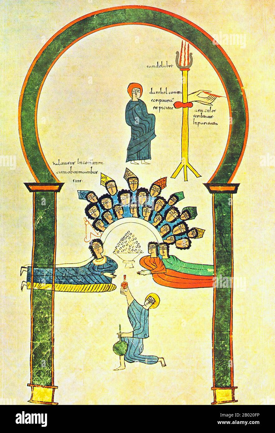 Espagne : la fête de Balthazar. Du Beatus de la Rioja ou Urgell Beatus, v. 975. L'Escorial Beatus est un manuscrit enluminé du Xe siècle du commentaire de l'Apocalypse par Beatus de Liébana. Le manuscrit a probablement été créé au monastère de San Millán de la Cogolla. Il y a 151 folios existants ; le manuscrit est illustré avec 52 miniatures survivantes. L'Apocalypse de Jean est le Livre de l'Apocalypse, le dernier livre du Nouveau Testament. Banque D'Images