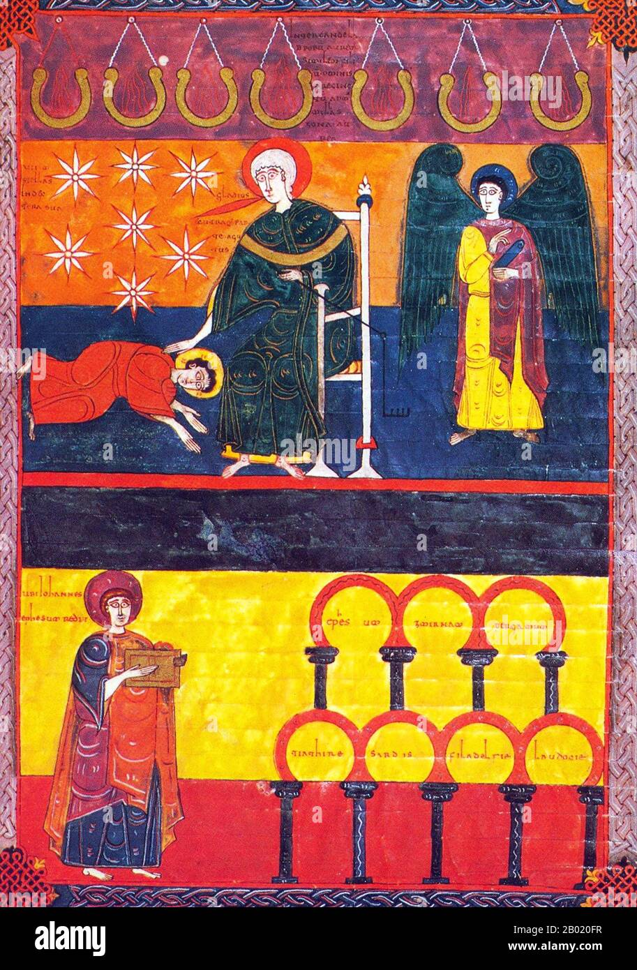 Espagne : le Christ s'incline vers Jean. Jean envoie le livre aux sept Églises d’Asie. Miniature du Beatus de León version de l'Apocalypse par Facundus, 1047 EC. Le Beatus de León est un manuscrit enluminé du XIe siècle du commentaire de l'Apocalypse par Beatus de Liébana. Le manuscrit a été fait pour le roi Ferdinand 1 (c. 1015-1065) et la reine Sancha de León. Il contient 98 miniatures peintes par Facundus. L'Apocalypse de Jean est le Livre de l'Apocalypse, le dernier livre du Nouveau Testament. Banque D'Images