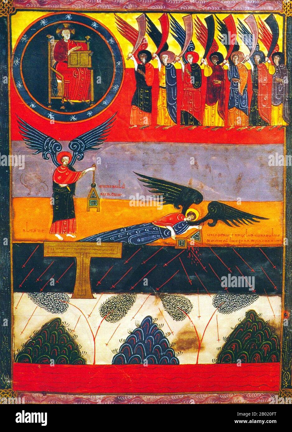 Espagne : L'ange et la censure dorée. Miniature du Beatus de León version de l'Apocalypse par Facundus, 1047 EC. Le Beatus de León est un manuscrit enluminé du XIe siècle du commentaire de l'Apocalypse par Beatus de Liébana. Le manuscrit a été fait pour le roi Ferdinand 1 (c. 1015-1065) et la reine Sancha de León. Il contient 98 miniatures peintes par Facundus. L'Apocalypse de Jean est le Livre de l'Apocalypse, le dernier livre du Nouveau Testament. Banque D'Images