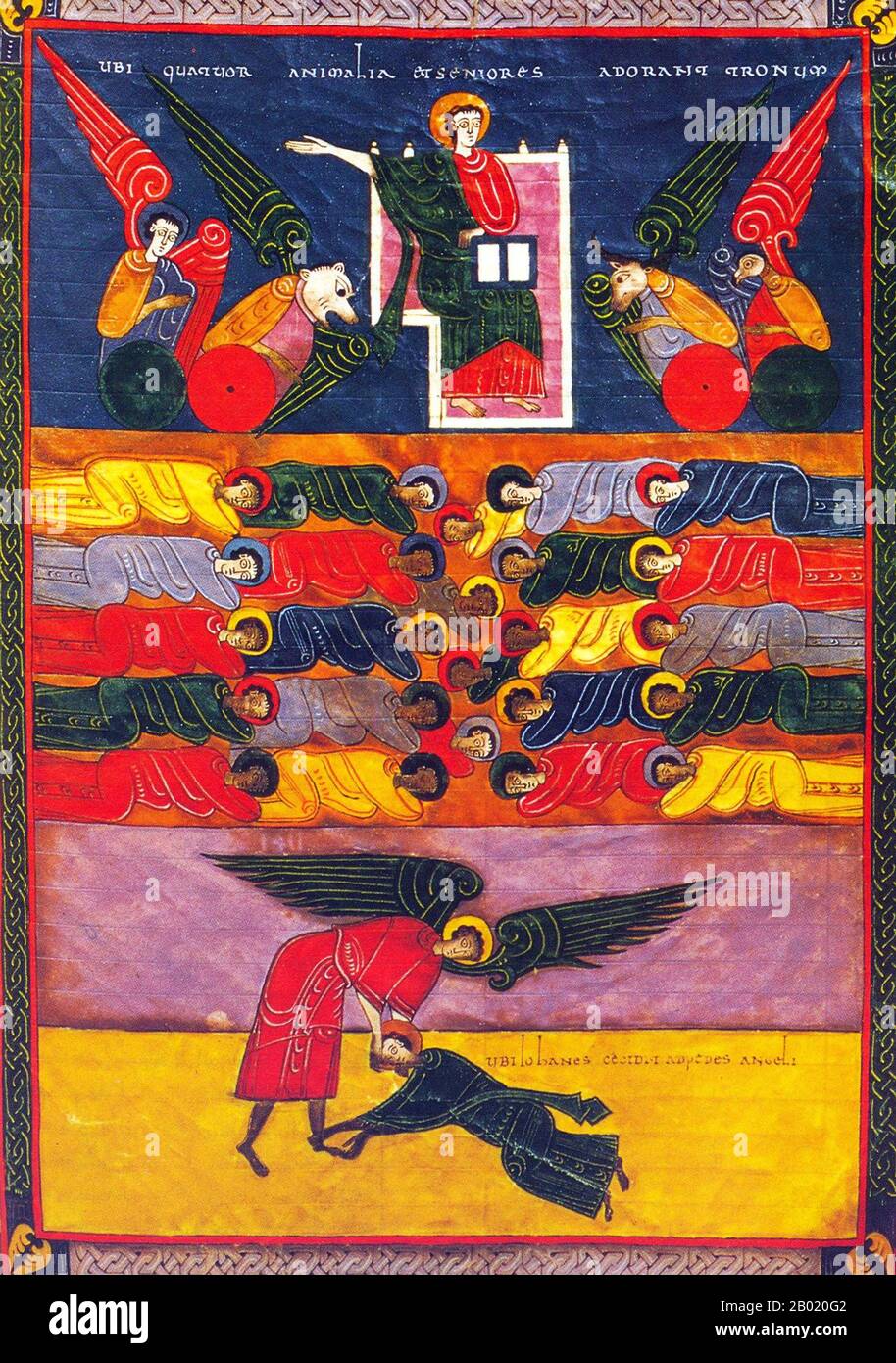 Espagne : adoration de Dieu ; les quatre êtres ; les quatre sages ; Jean et l'Ange. Miniature du Beatus de León version de l'Apocalypse par Facundus, 1047 EC. Le Beatus de León est un manuscrit enluminé du XIe siècle du commentaire de l'Apocalypse par Beatus de Liébana. Le manuscrit a été fait pour le roi Ferdinand 1 (c. 1015-1065) et la reine Sancha de León. Il contient 98 miniatures peintes par Facundus. L'Apocalypse de Jean est le Livre de l'Apocalypse, le dernier livre du Nouveau Testament. Banque D'Images