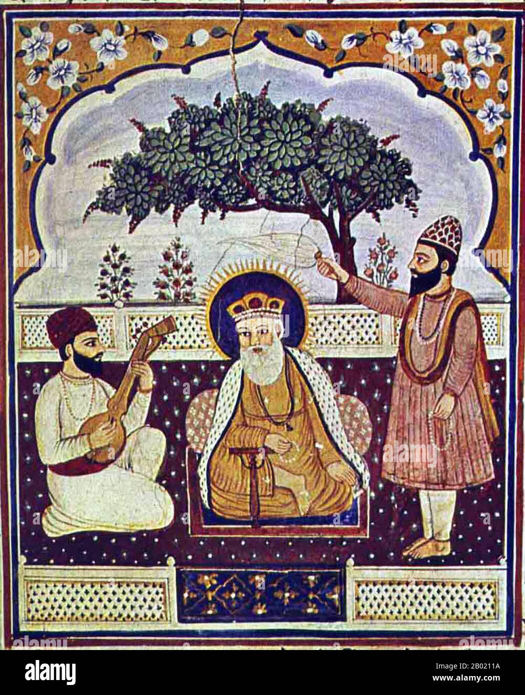 Inde : Guru Nanak Dev (15 avril 1469 - 22 septembre 1539), Mardana et Bala. Panneau mural du Bairagi Thakurdwara à Ram Tatwali, Hoshiarpur, XIXe siècle. Guru Nanak était le fondateur de la religion du sikhisme et le premier des dix Gurus sikhs. Les sikhs croient que tous les Gurus suivants possédaient la divinité et l’autorité religieuse de Guru Nanak. Banque D'Images Inde : Guru Nanak Dev (15 avril 1469 - 22 septembre 1539), Mardana et Bala. Panneau mural du Bairagi Thakurdwara à Ram Tatwali, Hoshiarpur, XIXe siècle. Guru Nanak était le fondateur de la religion du sikhisme et le premier des dix Gurus sikhs. Les sikhs croient que tous les Gurus suivants possédaient la divinité et l’autorité religieuse de Guru Nanak. Banque D'Images