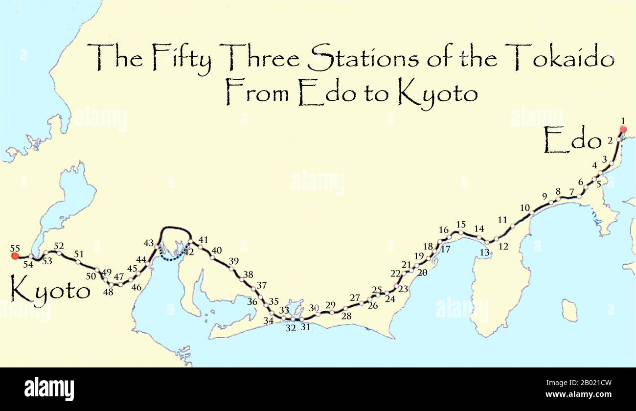 Japon : carte des cinquante-trois stations du Tokaido, ou autoroute de la mer orientale reliant Edo (Tokyo) à Kyoto au cours des XVIIIe et XIXe siècles, la Tōkaidō (route de la mer orientale) était la plus importante des cinq routes de l'époque Edo, reliant Edo (Tokyo moderne) à Kyoto au Japon. Contrairement à l'intérieur des terres et moins fréquenté par Nakasendō, le Tōkaidō a voyagé le long de la côte maritime de l'est de Honshū, d'où le nom de la route. Banque D'Images