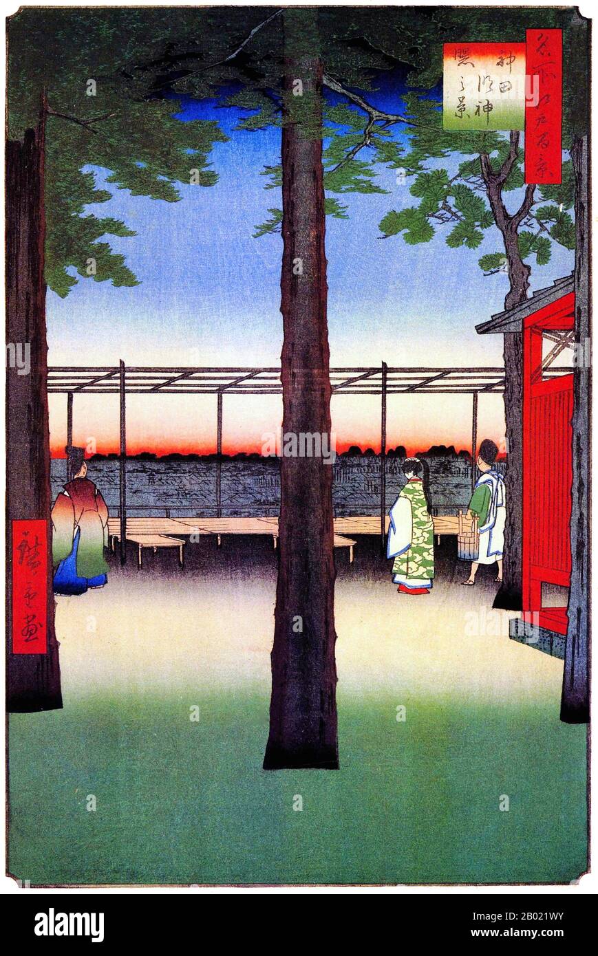 Japon : lever du soleil au sanctuaire Kanda Myōjin. Image 10 de la partie 1 (printemps) de '100 vues célèbres d'Edo'. Gravure sur bois ukiyo-e par Utagawa Hiroshige (1797-1858), v. 1856-1859. Les cent vues célèbres d'Edo d'Hiroshige, composées de 118 scènes de paysage et de genre de la moitié du XIXe siècle à Tokyo, est l'une des plus grandes réalisations du japonais La série comprend de nombreux tirages les plus célèbres d'Hiroshige. Il représente une célébration du style et du monde de la plus belle floraison culturelle du Japon à la fin du shogunat Tokugawa. Banque D'Images