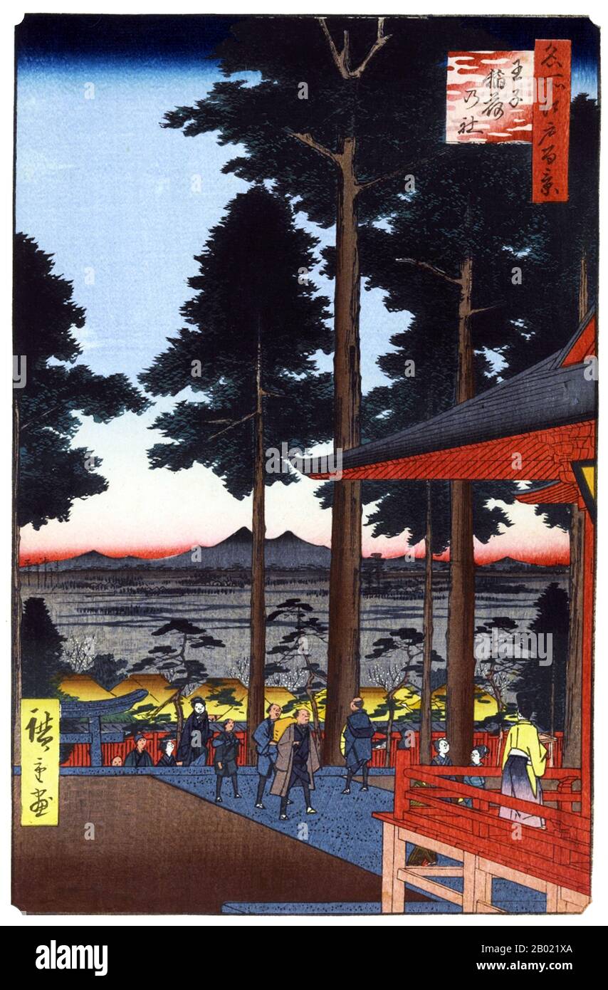 Japon : le sanctuaire Ōji Inari. Image 18 de la partie 1 (printemps) de '100 vues célèbres d'Edo'. Gravure sur bois ukiyo-e par Utagawa Hiroshige (1797-1858), v. 1856-1859. Les cent vues célèbres d'Edo d'Hiroshige, composées de 118 scènes de paysage et de genre de la moitié du XIXe siècle à Tokyo, est l'une des plus grandes réalisations du japonais La série comprend de nombreux tirages les plus célèbres d'Hiroshige. Il représente une célébration du style et du monde de la plus belle floraison culturelle du Japon à la fin du shogunat Tokugawa. Banque D'Images