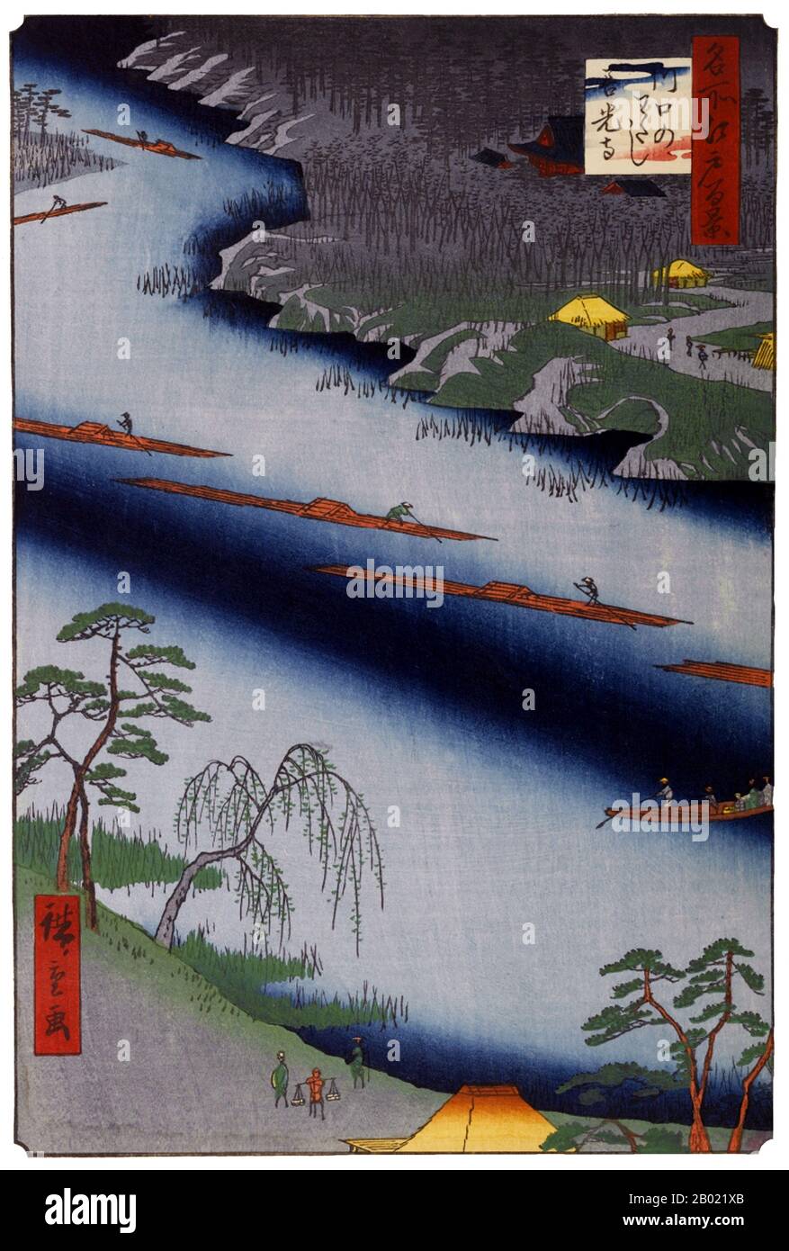 Japon : Zenkōji : le ferry de Kawaguchi sur la rivière Arakawa. Image 20 de la partie 1 (printemps) de '100 vues célèbres d'Edo'. Gravure sur bois ukiyo-e par Utagawa Hiroshige (1797-1858), v. 1856-1859. Les cent vues célèbres d'Edo d'Hiroshige, composées de 118 scènes de paysage et de genre de la moitié du XIXe siècle à Tokyo, est l'une des plus grandes réalisations du japonais La série comprend de nombreux tirages les plus célèbres d'Hiroshige. Il représente une célébration du style et du monde de la plus belle floraison culturelle du Japon à la fin du shogunat Tokugawa. Banque D'Images