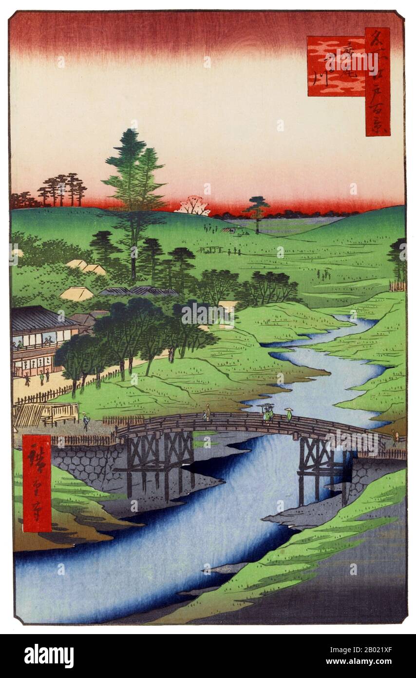 Japon : Hiroo : Kitsune ('Fox') Restaurant le long de la rivière Furukawa. Image 22 de la partie 1 (printemps) de '100 vues célèbres d'Edo'. Gravure sur bois ukiyo-e par Utagawa Hiroshige (1797-1858), v. 1856-1859. Les cent vues célèbres d'Edo d'Hiroshige, composées de 118 scènes de paysage et de genre de la moitié du XIXe siècle à Tokyo, est l'une des plus grandes réalisations du japonais La série comprend de nombreux tirages les plus célèbres d'Hiroshige. Il représente une célébration du style et du monde de la plus belle floraison culturelle du Japon à la fin du shogunat Tokugawa. Banque D'Images