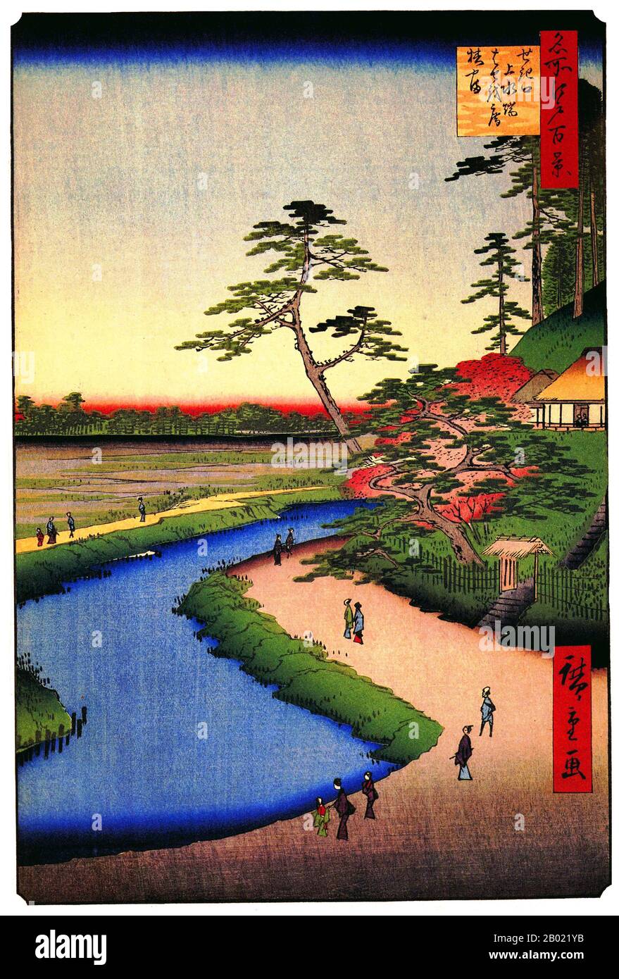 Japon : Sekiguchi : Hermitage de Bashō sur la colline de Camellia à côté de l'aqueduc de Sekiguchi. Image 40 de la partie 1 (printemps) de '100 vues célèbres d'Edo'. Gravure sur bois ukiyo-e par Utagawa Hiroshige (1797-1858), v. 1856-1859. Les cent vues célèbres d'Edo d'Hiroshige, composées de 118 scènes de paysage et de genre de la moitié du XIXe siècle à Tokyo, est l'une des plus grandes réalisations du japonais La série comprend de nombreux tirages les plus célèbres d'Hiroshige. Il représente une célébration du style et du monde de la plus belle floraison culturelle du Japon à la fin du shogunat Tokugawa. Banque D'Images