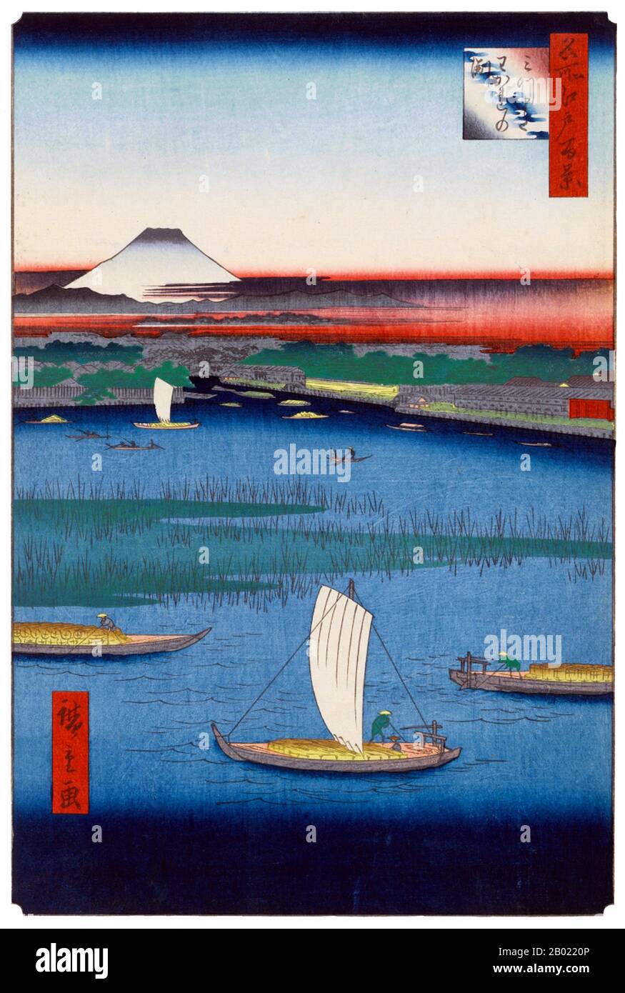 Japon : Mitsumata Wakarenofuchi : rivière Sumida avec le mont Fuji en arrière-plan. Image 57 de la partie 2 (été) de '100 vues célèbres d'Edo'. Gravure sur bois ukiyo-e par Utagawa Hiroshige (1797-1858), v. 1856-1859. Les cent vues célèbres d'Edo d'Hiroshige, composées de 118 scènes de paysage et de genre de la moitié du XIXe siècle à Tokyo, est l'une des plus grandes réalisations du japonais La série comprend de nombreux tirages les plus célèbres d'Hiroshige. Il représente une célébration du style et du monde de la plus belle floraison culturelle du Japon à la fin du shogunat Tokugawa. Banque D'Images