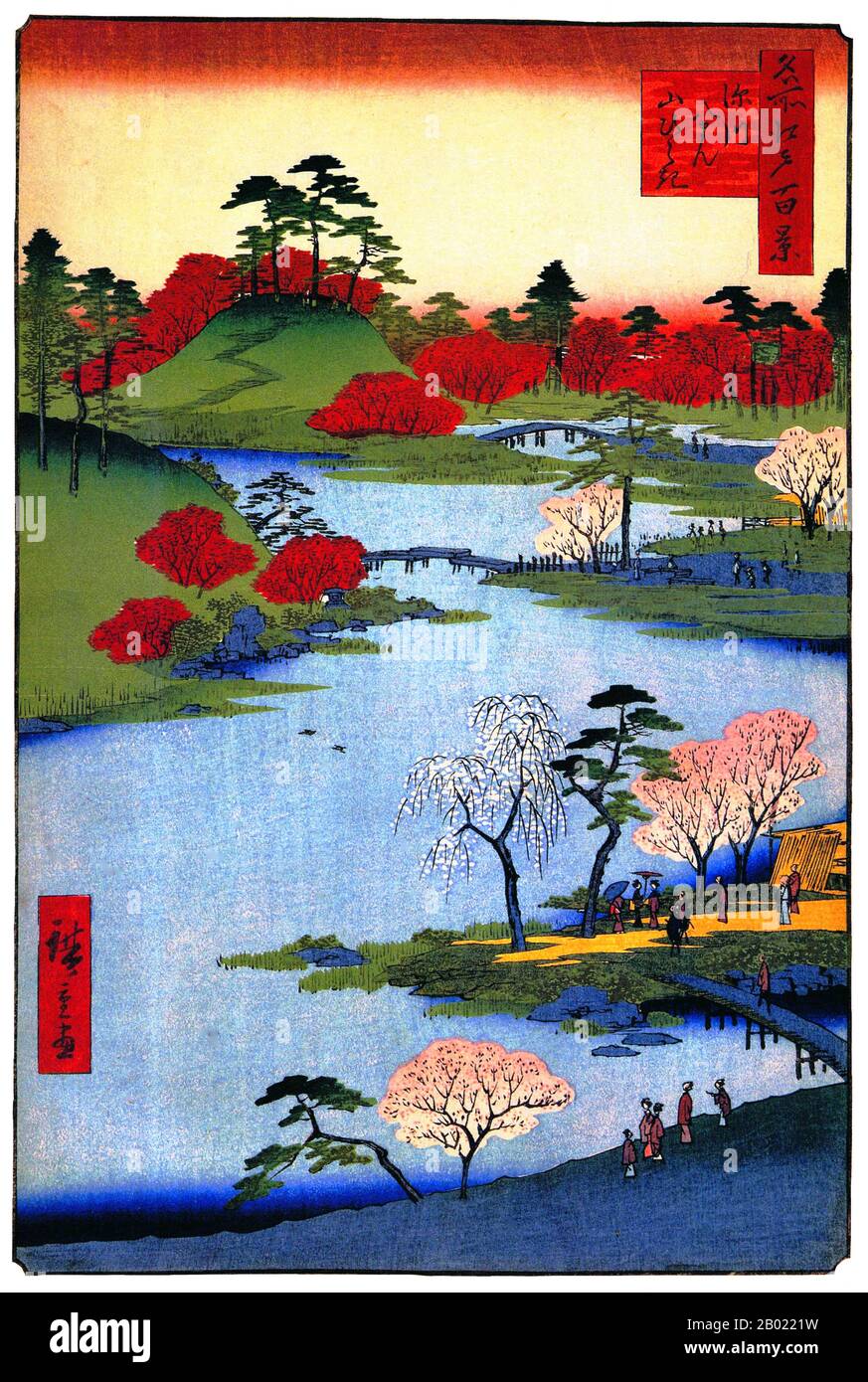 Japon : Fukagawa : jardin ouvert au sanctuaire Hachiman à Fukagawa. Image 68 de la partie 2 (été) de '100 vues célèbres d'Edo'. Gravure sur bois ukiyo-e par Utagawa Hiroshige (1797-1858), v. 1856-1859. Les cent vues célèbres d'Edo d'Hiroshige, composées de 118 scènes de paysage et de genre de la moitié du XIXe siècle à Tokyo, est l'une des plus grandes réalisations du japonais La série comprend de nombreux tirages les plus célèbres d'Hiroshige. Il représente une célébration du style et du monde de la plus belle floraison culturelle du Japon à la fin du shogunat Tokugawa. Banque D'Images