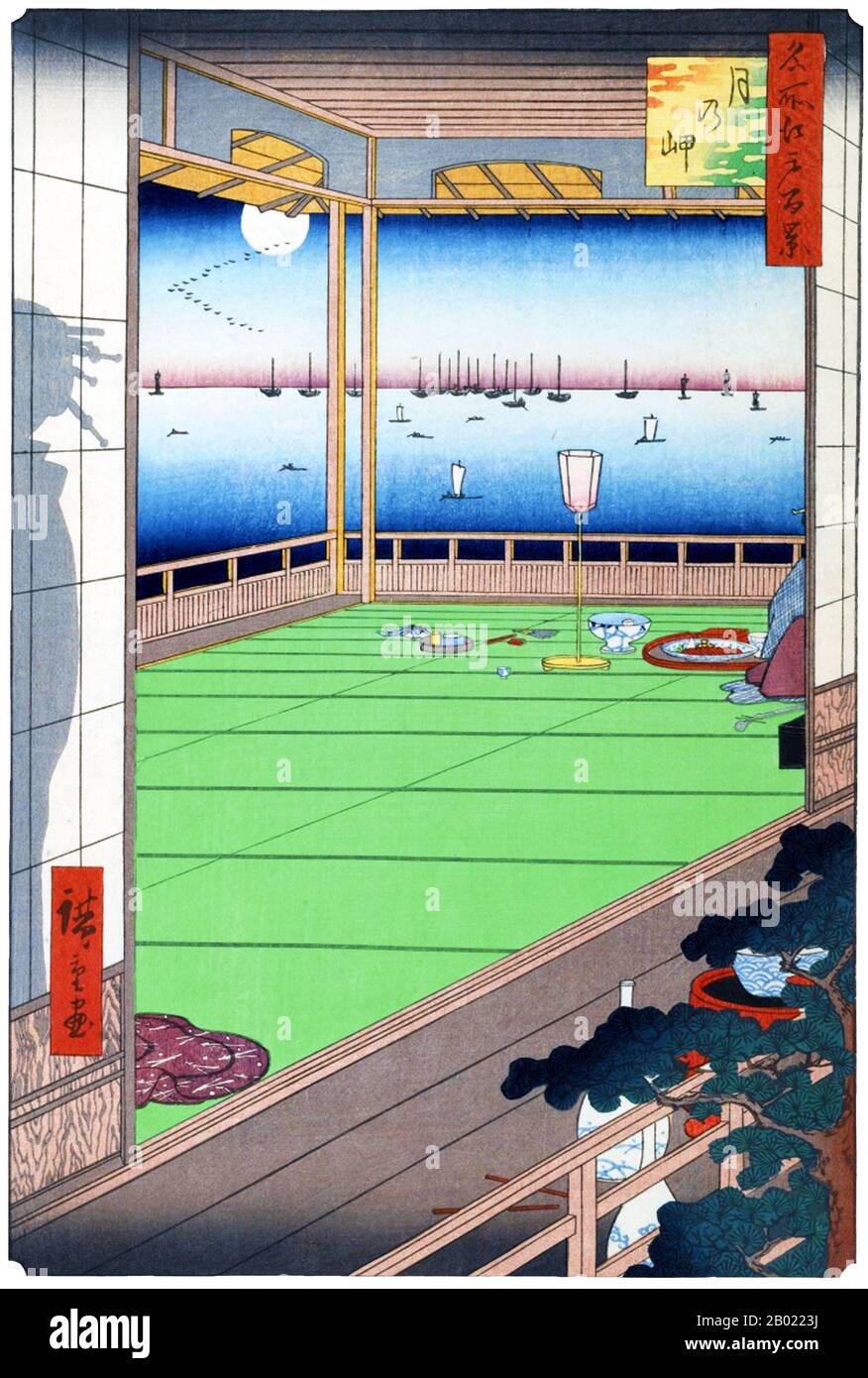 Japon : Mita : observation de la lune à la baie d'Edo. Image 82 de la partie 3 (automne) de '100 vues célèbres d'Edo'. Gravure sur bois ukiyo-e par Utagawa Hiroshige (1797-1858), v. 1856-1859. Les cent vues célèbres d'Edo d'Hiroshige, composées de 118 scènes de paysage et de genre de la moitié du XIXe siècle à Tokyo, est l'une des plus grandes réalisations du japonais La série comprend de nombreux tirages les plus célèbres d'Hiroshige. Il représente une célébration du style et du monde de la plus belle floraison culturelle du Japon à la fin du shogunat Tokugawa. Banque D'Images