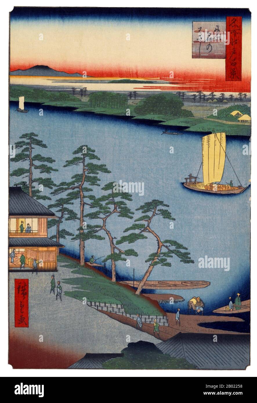 Japon : Niijuku : Niijuku Ferry sur la rivière Nakagawa. Image 93 de la partie 3 (automne) de '100 vues célèbres d'Edo'. Gravure sur bois ukiyo-e par Utagawa Hiroshige (1797-1858), v. 1856-1859. Les cent vues célèbres d'Edo d'Hiroshige, composées de 118 scènes de paysage et de genre de la moitié du XIXe siècle à Tokyo, est l'une des plus grandes réalisations du japonais La série comprend de nombreux tirages les plus célèbres d'Hiroshige. Il représente une célébration du style et du monde de la plus belle floraison culturelle du Japon à la fin du shogunat Tokugawa. Banque D'Images
