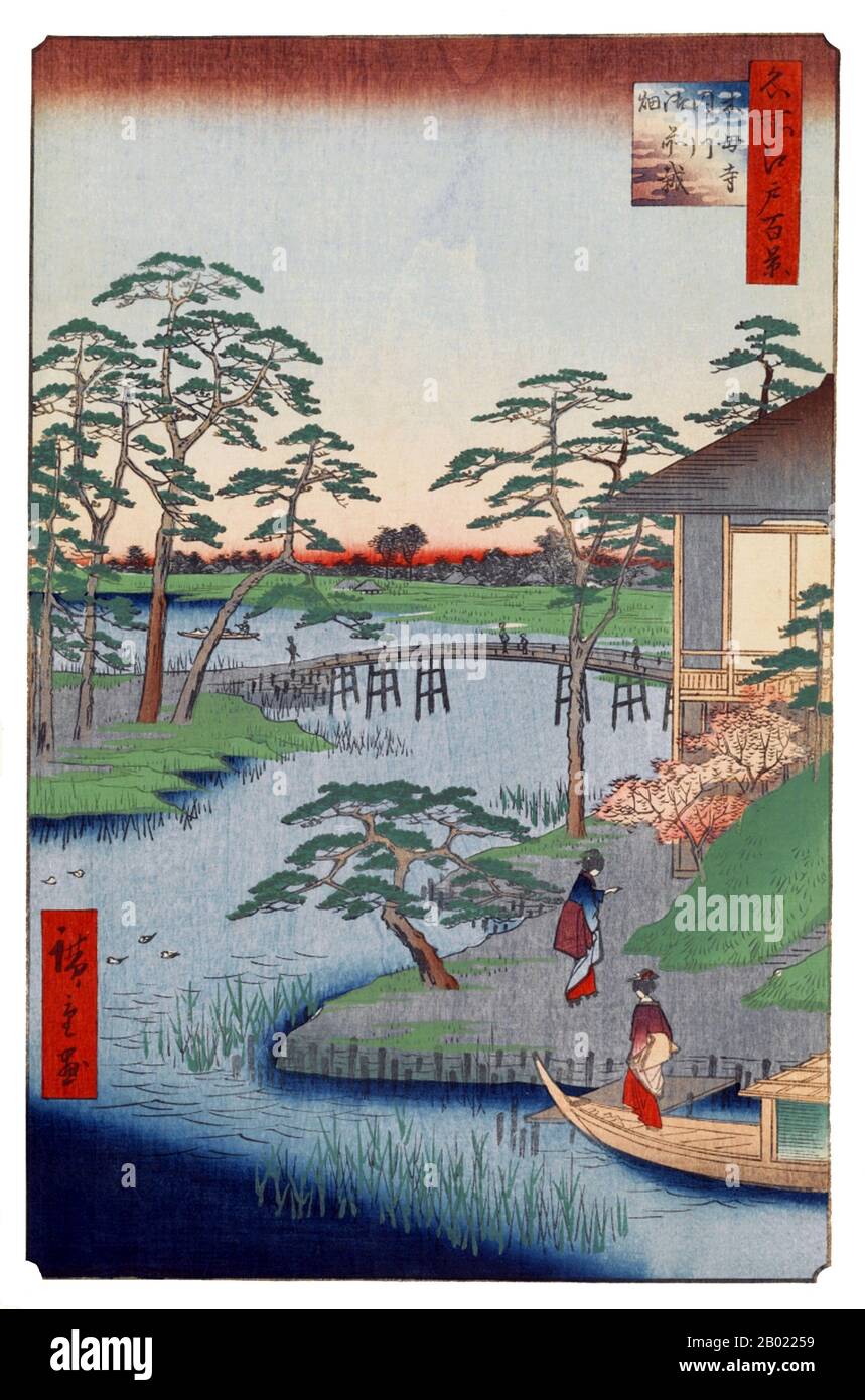 Japon : bras de mer d'Uchigawa : Temple Mokuboji, restaurant Uekiya Han'emon et champs de légumes. Image 92 de la partie 3 (automne) de '100 vues célèbres d'Edo'. Gravure sur bois ukiyo-e par Utagawa Hiroshige (1797-1858), v. 1856-1859. Les cent vues célèbres d'Edo d'Hiroshige, composées de 118 scènes de paysage et de genre de la moitié du XIXe siècle à Tokyo, est l'une des plus grandes réalisations du japonais La série comprend de nombreux tirages les plus célèbres d'Hiroshige. Il représente une célébration du style et du monde de la plus belle floraison culturelle du Japon à la fin du shogunat Tokugawa. Banque D'Images