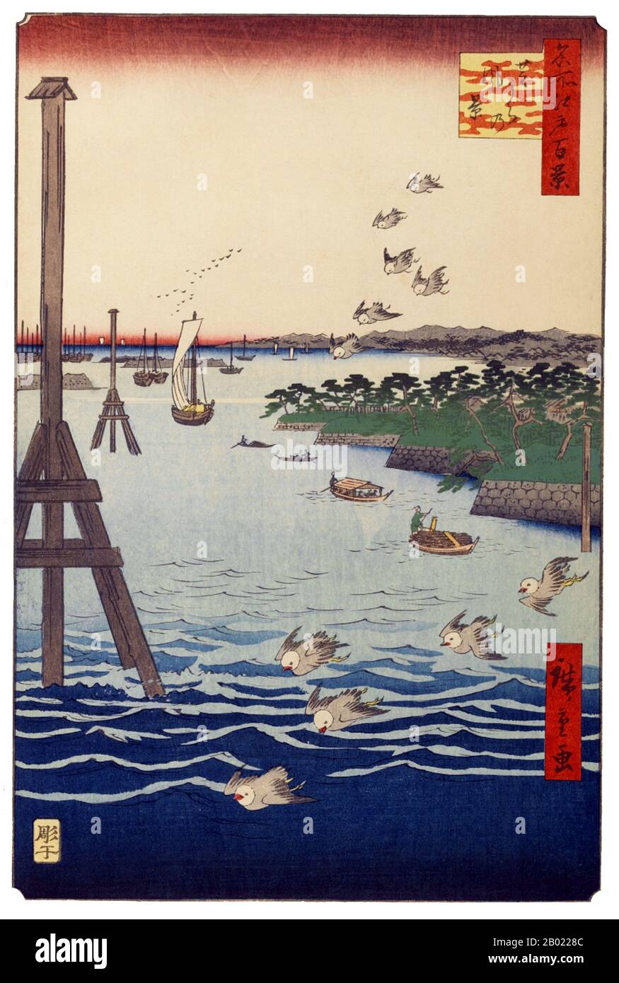 Japon : Shibaura : vue sur la côte de Shiba et les jardins Hamarikyu. Image 108 de la partie 4 (hiver) de '100 vues célèbres d'Edo'. Gravure sur bois ukiyo-e par Utagawa Hiroshige (1797-1858), v. 1856-1859. Les cent vues célèbres d'Edo d'Hiroshige, composées de 118 scènes de paysage et de genre de la moitié du XIXe siècle à Tokyo, est l'une des plus grandes réalisations du japonais La série comprend de nombreux tirages les plus célèbres d'Hiroshige. Il représente une célébration du style et du monde de la plus belle floraison culturelle du Japon à la fin du shogunat Tokugawa. Banque D'Images