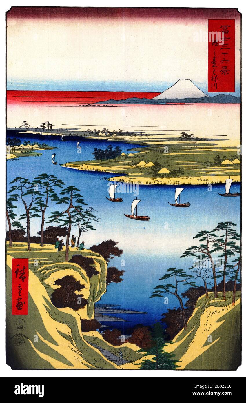 Japon : Kōnodai Tonegawa : Wild Goose Hill et la rivière Tone. Estampe ukiyo-e tirée de la série '36 vues du mont Fuji' par Utagawa Hiroshige (1797-1858), 1858. Trente-six vues du mont Fuji est le titre de deux séries de gravures sur bois de l'artiste japonais ukiyo-e Andō Hiroshige, représentant le mont Fuji dans différentes saisons et conditions météorologiques à partir d'une variété de lieux et de distances différents. Les séries 1852 sont en orientation paysage ; les séries 1858 sont en orientation portrait. Banque D'Images