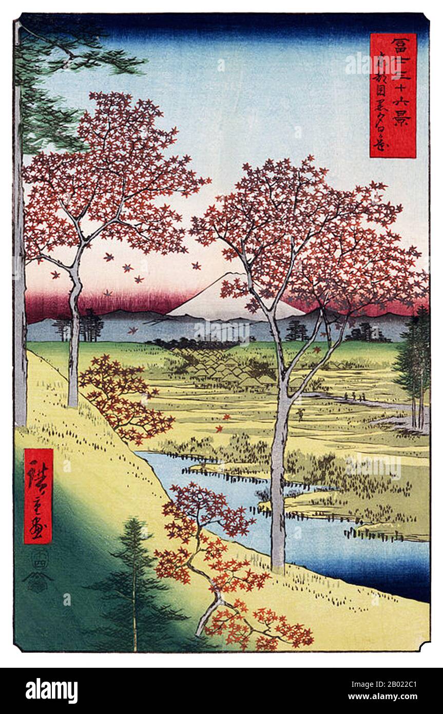 Japon : Tōto Meguro Yūhi-GA-oka : colline crépusculaire à Meguro dans la capitale orientale. Estampe ukiyo-e tirée de la série '36 vues du mont Fuji' par Utagawa Hiroshige (1797-1858), 1858. Trente-six vues du mont Fuji est le titre de deux séries de gravures sur bois de l'artiste japonais ukiyo-e Andō Hiroshige, représentant le mont Fuji dans différentes saisons et conditions météorologiques à partir d'une variété de lieux et de distances différents. Les séries 1852 sont en orientation paysage ; les séries 1858 sont en orientation portrait. Banque D'Images