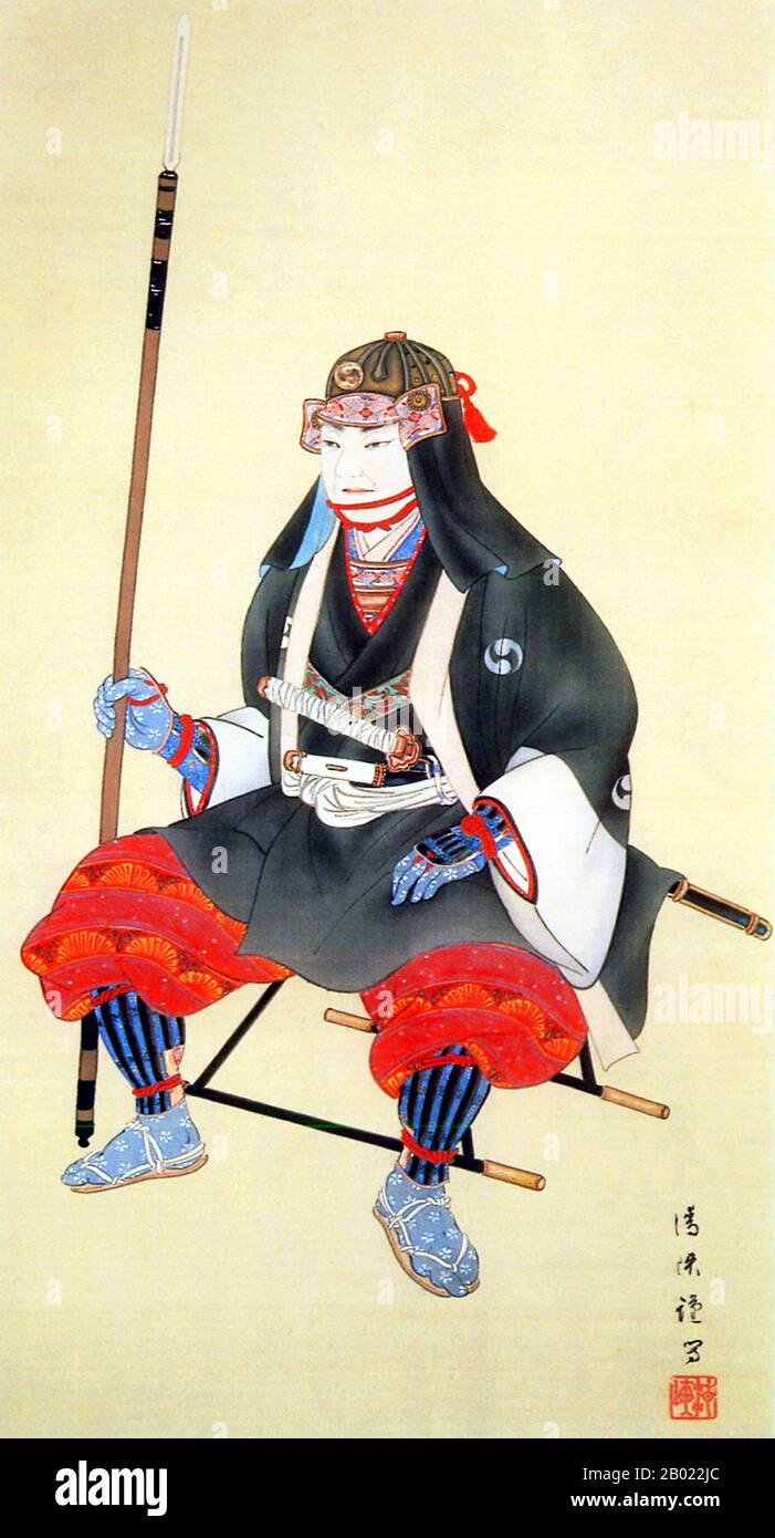 Japon : Oishi Kuranosuke Yoshio/Oboshi Yuranosuke (1659-1703), chambellan du domaine de Akō dans la province de Harima. Il est connu comme le chef des quarante-sept Ronin et le héros du Chūshingura. Peinture suspendue en rouleau, période Edo (1603-1868). La vengeance des quarante-sept Ronin, également connus sous le nom de quarante-sept samouraïs, la vendetta Akō, ou l'incident Genroku Akō, a eu lieu au Japon au début du XVIIIe siècle. Un érudit japonais a décrit le conte comme la « légende nationale » du pays. Il raconte l'affaire la plus célèbre impliquant le code d'honneur des samouraïs, bushidō. Banque D'Images