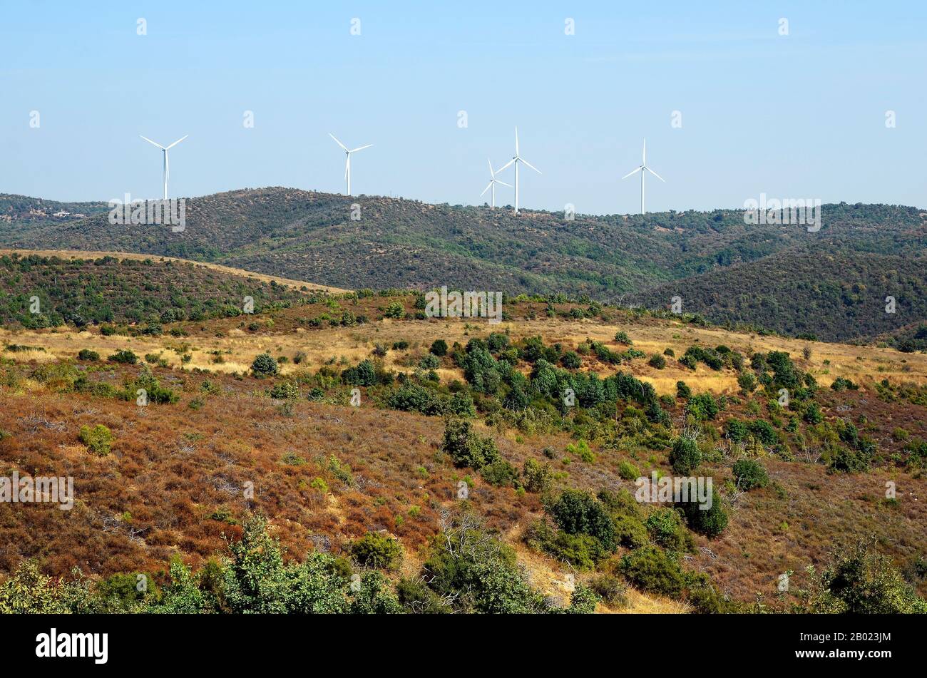 Grèce, éoliennes dans la forêt de Dadia à Eastmacedonia Banque D'Images