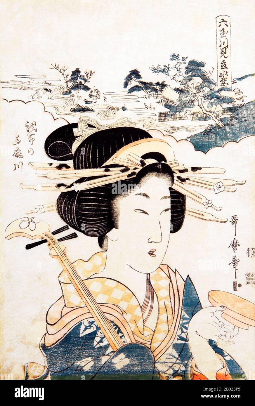 Kitagawa Utamaro (env. 1753 - 31 octobre 1806) était un peintre et graveur japonais, considéré comme l'un des plus grands artistes de gravures de bois (ukiyo-e). Il est surtout connu pour ses études magistralement composées de femmes, connues sous le nom de bijinga. Il a également produit des études sur la nature, notamment des livres illustrés d'insectes. Après la mort d'Utamaro, son élève, Koikawa Shunchō, a continué à produire des reproductions dans le style de son mentor et a pris la relève du gō, Utamaro, jusqu'en 1820. Ces tirages, produits au cours de cette période de quatorze ans comme si Utamaro était l'artiste, sont maintenant appelés l'œuvre De Ut Banque D'Images