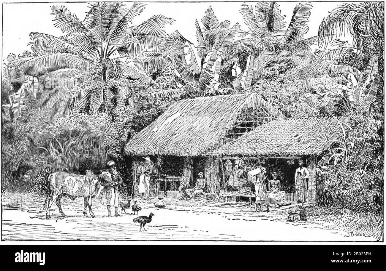 Sri Lanka/Ceylan : une boutique rustique sur la route de Kandy. Gravure tirée de 'History of India, in Nine volumes' de A. V. Williams Jackson, 1906. Kandy est une ville dans le centre de Sri Lanka. C'était la dernière capitale de l'époque des anciens rois du Sri Lanka. La ville se trouve au milieu des collines du plateau de Kandy, qui traverse une zone de plantations tropicales, principalement du thé. Kandy est l'une des villes les plus pittoresques du Sri Lanka ; c'est à la fois une ville administrative et religieuse. C'est la capitale de la province centrale (comprenant les districts de Kandy, Matale et Nuwara Eliya) et aussi du district de Kandy. Banque D'Images