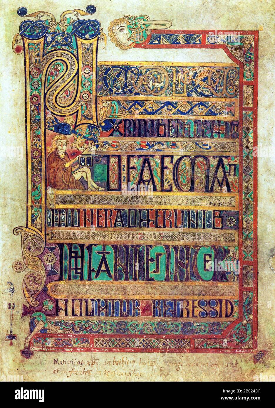 Irlande/Écosse : le Livre de Kells, c. 800 EC. Breves causae de Matthieu. Folio 8, recto. Le Livre de Kells (en irlandais : Leabhar Cheanannais) (Dublin, Trinity College Library, MS A. I. (58), parfois connu sous le nom de Livre de Columba) est un livre de l'Évangile manuscrit enluminé en latin, contenant les quatre Évangiles du Nouveau Testament ainsi que divers textes et tableaux du Préfatoire. Il a été créé par des moines celtiques vers 800 ou un peu plus tôt. Le texte des Évangiles est largement tiré de la Vulgate, bien qu'il comprenne également plusieurs passages tirés de versions antérieures de la Bible. Banque D'Images