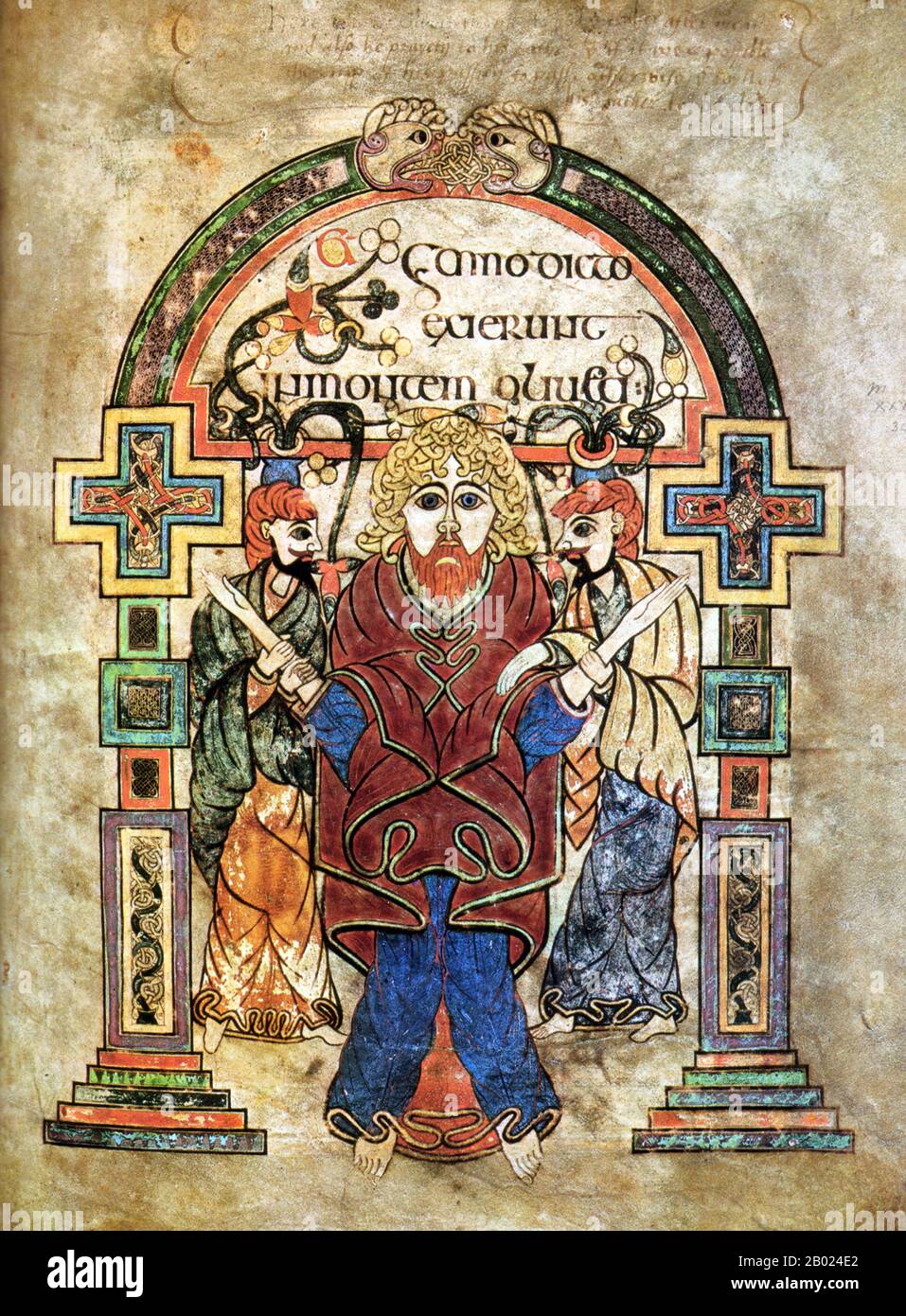 Irlande/Écosse : folio 114v, arrestation du Christ. Le Livre de Kells, c. 800 EC. Le Livre de Kells (en irlandais : Leabhar Cheanannais) (Dublin, Trinity College Library, MS A. I. (58), parfois connu sous le nom de Livre de Columba) est un livre de l'Évangile manuscrit enluminé en latin, contenant les quatre Évangiles du Nouveau Testament ainsi que divers textes et tableaux du Préfatoire. Il a été créé par des moines celtiques vers 800 ou un peu plus tôt. Le texte des Évangiles est largement tiré de la Vulgate, bien qu'il comprenne également plusieurs passages tirés des versions antérieures de la Bible connues sous le nom de Vetus Latina. Banque D'Images