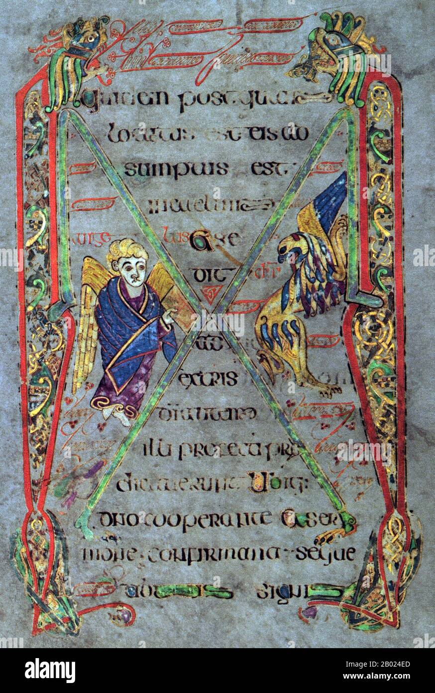 Irlande/Écosse : folio 187 verso, la fin de l'Evangile de Marc. Le Livre de Kells, c. 800 EC. Le Livre de Kells (en irlandais : Leabhar Cheanannais) (Dublin, Trinity College Library, MS A. I. (58), parfois connu sous le nom de Livre de Columba) est un livre de l'Évangile manuscrit enluminé en latin, contenant les quatre Évangiles du Nouveau Testament ainsi que divers textes et tableaux du Préfatoire. Il a été créé par des moines celtiques vers 800 ou un peu plus tôt. Le texte des Évangiles est largement tiré de la Vulgate, bien qu'il comprenne également plusieurs passages tirés de versions antérieures de la Bible. Banque D'Images