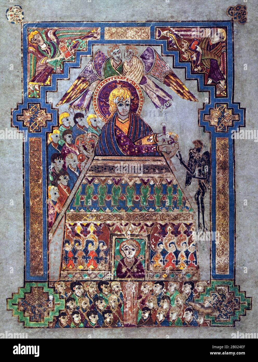 Irlande/Écosse : folio 202v, la tentation du Christ. Le Livre de Kells, c. 800 EC. Le Livre de Kells (en irlandais : Leabhar Cheanannais) (Dublin, Trinity College Library, MS A. I. (58), parfois connu sous le nom de Livre de Columba) est un livre de l'Évangile manuscrit enluminé en latin, contenant les quatre Évangiles du Nouveau Testament ainsi que divers textes et tableaux du Préfatoire. Il a été créé par des moines celtiques vers 800 ou un peu plus tôt. Le texte des Évangiles est largement tiré de la Vulgate, bien qu'il comprenne également plusieurs passages tirés de versions antérieures de la Bible connues sous le nom de Vetus Latina Banque D'Images