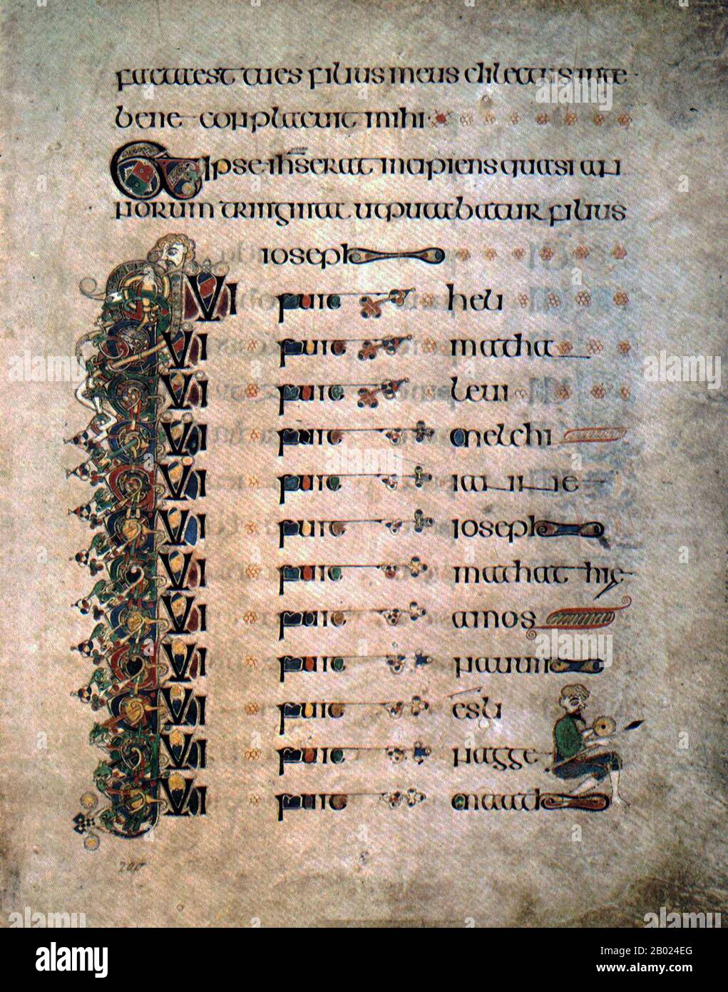 Irlande/Écosse : la généalogie du Christ. FOL. 200 R. le Livre de Kells, c. 800 EC. Le Livre de Kells (en irlandais : Leabhar Cheanannais) (Dublin, Trinity College Library, MS A. I. (58), parfois connu sous le nom de Livre de Columba) est un livre de l'Évangile manuscrit enluminé en latin, contenant les quatre Évangiles du Nouveau Testament ainsi que divers textes et tableaux du Préfatoire. Il a été créé par des moines celtiques vers 800 ou un peu plus tôt. Le texte des Évangiles est largement tiré de la Vulgate, bien qu'il comprenne également plusieurs passages tirés de versions antérieures de la Bible connues sous le nom de Vetus Latina. Banque D'Images