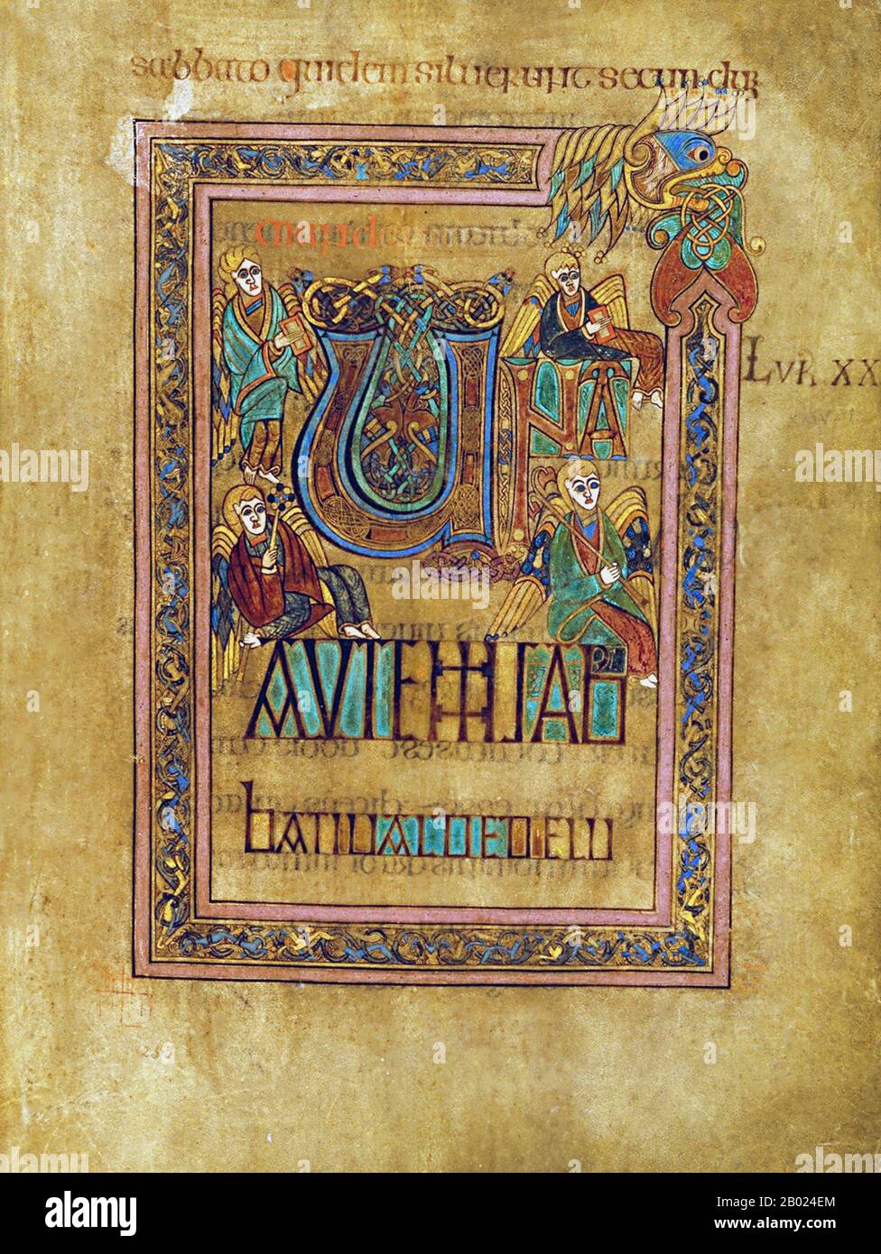 Irlande/Écosse : folio 285r, texte décoré, Una autem sabbati valde. Le Livre de Kells, c. 800 EC. Le Livre de Kells (en irlandais : Leabhar Cheanannais) (Dublin, Trinity College Library, MS A. I. (58), parfois connu sous le nom de Livre de Columba) est un livre de l'Évangile manuscrit enluminé en latin, contenant les quatre Évangiles du Nouveau Testament ainsi que divers textes et tableaux du Préfatoire. Il a été créé par des moines celtiques vers 800 ou un peu plus tôt. Le texte des Évangiles est largement tiré de la Vulgate, bien qu'il comprenne également plusieurs passages tirés de versions antérieures de la Bible. Banque D'Images